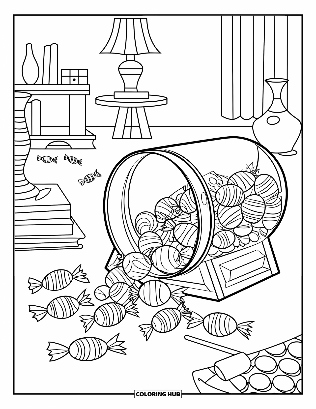 Disegno da colorare di un barattolo per bambini: Un barattolo di caramelle rovesciato su un supporto di legno con caramelle e lecca-lecca sparsi intorno