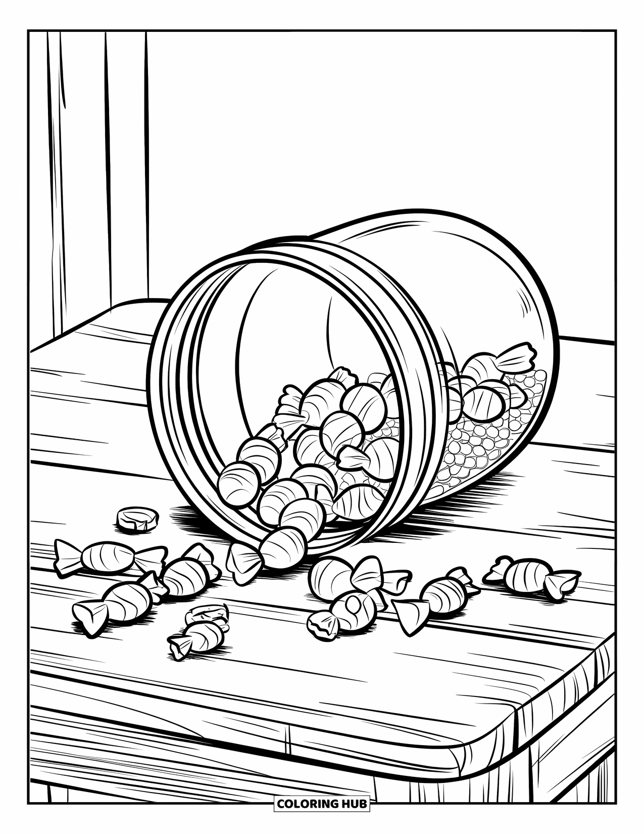 Disegno da colorare di un barattolo per bambini: Un barattolo di caramelle rovesciato su un tavolo di legno riversa il suo contenuto di caramelle e lecca-lecca