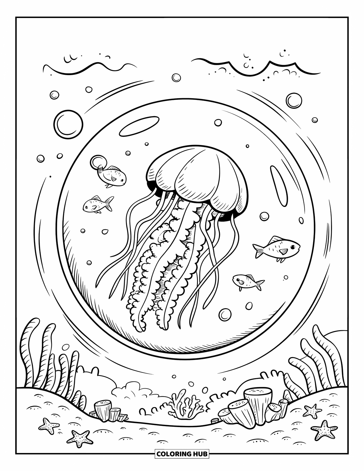 Kolorowanka dla dorosłych: Mała meduza unosi się w bańce, a małe rybki i stworzenia morskie gromadzą się poniżej