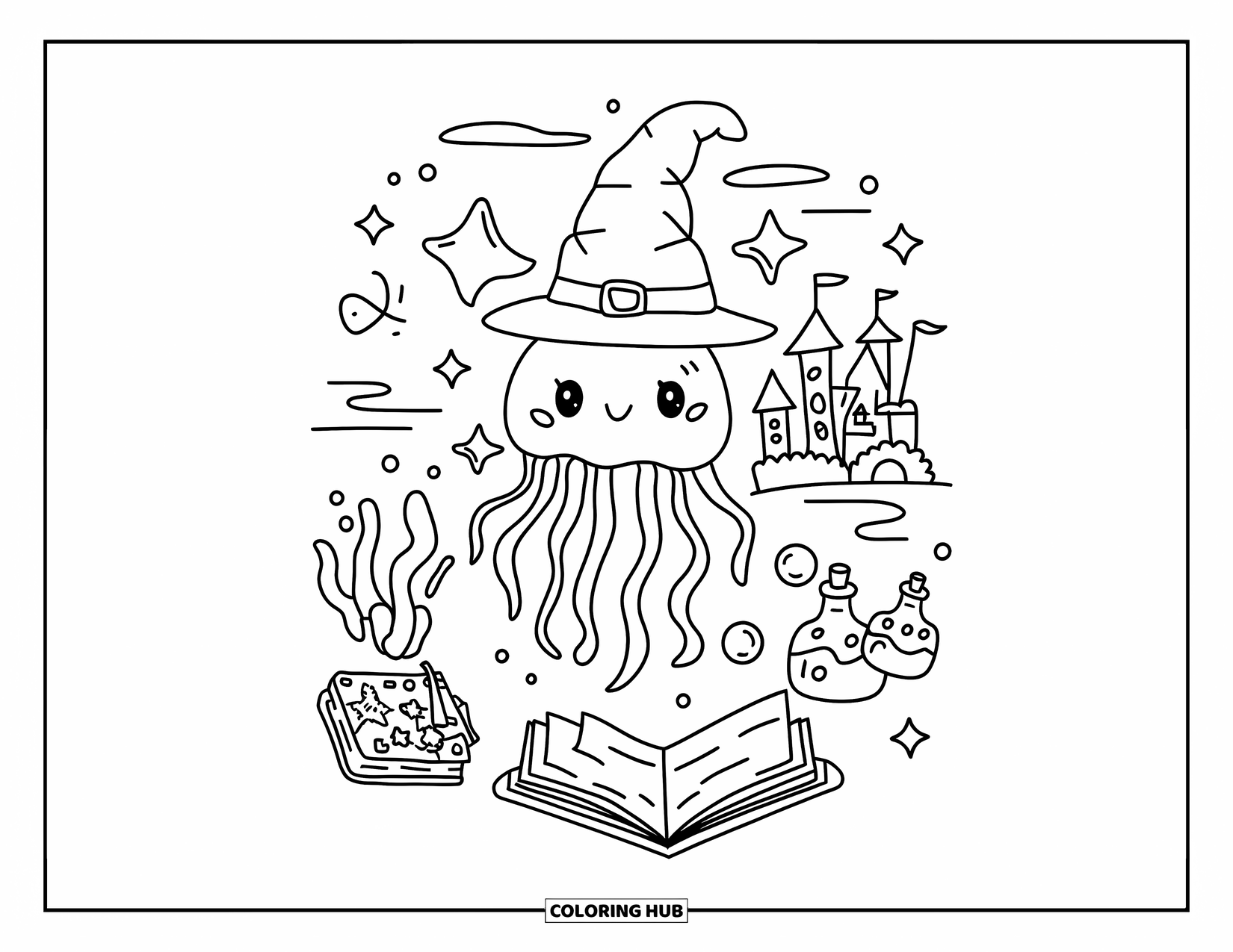Kolorowanka dla dorosłych: Mała meduza w czapce czarodzieja unosi się wśród ksiąg zaklęć i błyszczących bąbelków eliksirów