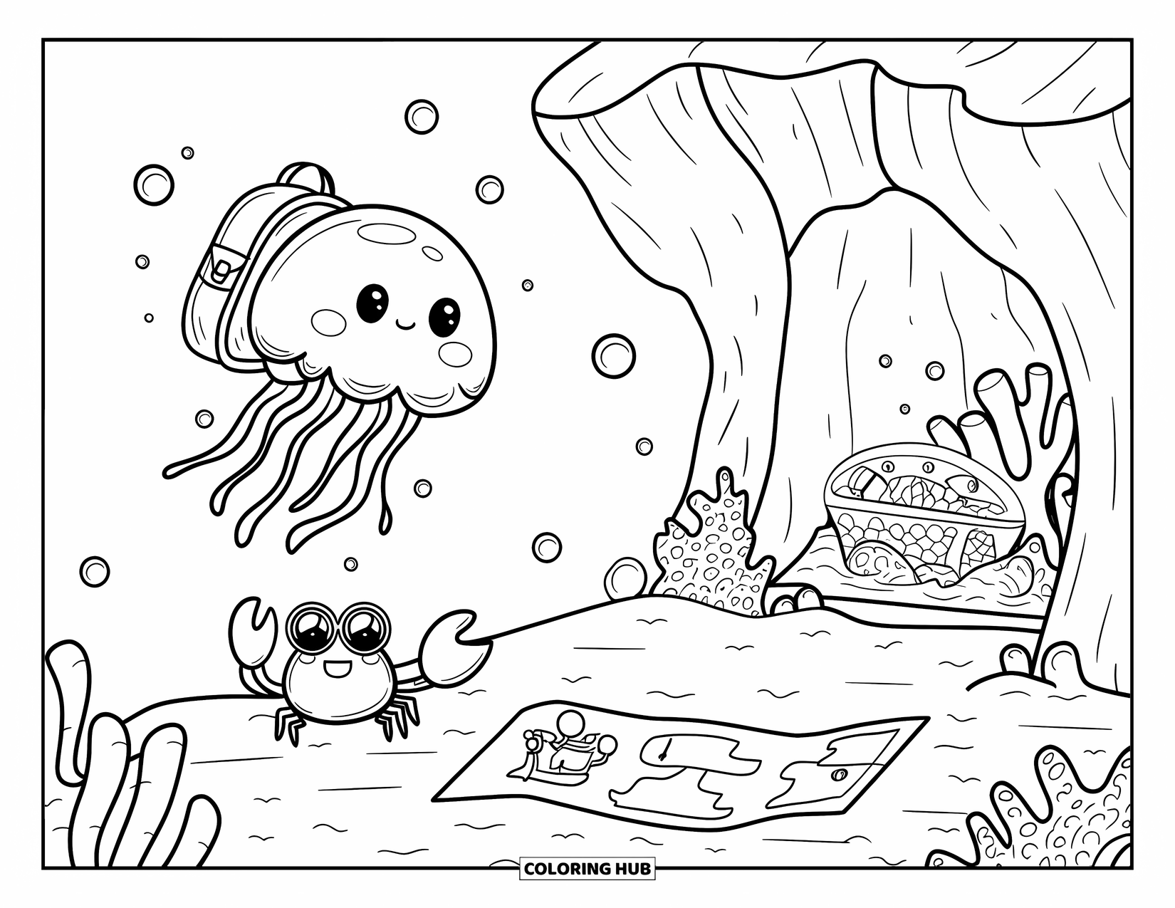 Kolorowanka dla dorosłych: Meduza z plecakiem płynie w kierunku koralowej jaskini, a uczony krab studiuje mapę