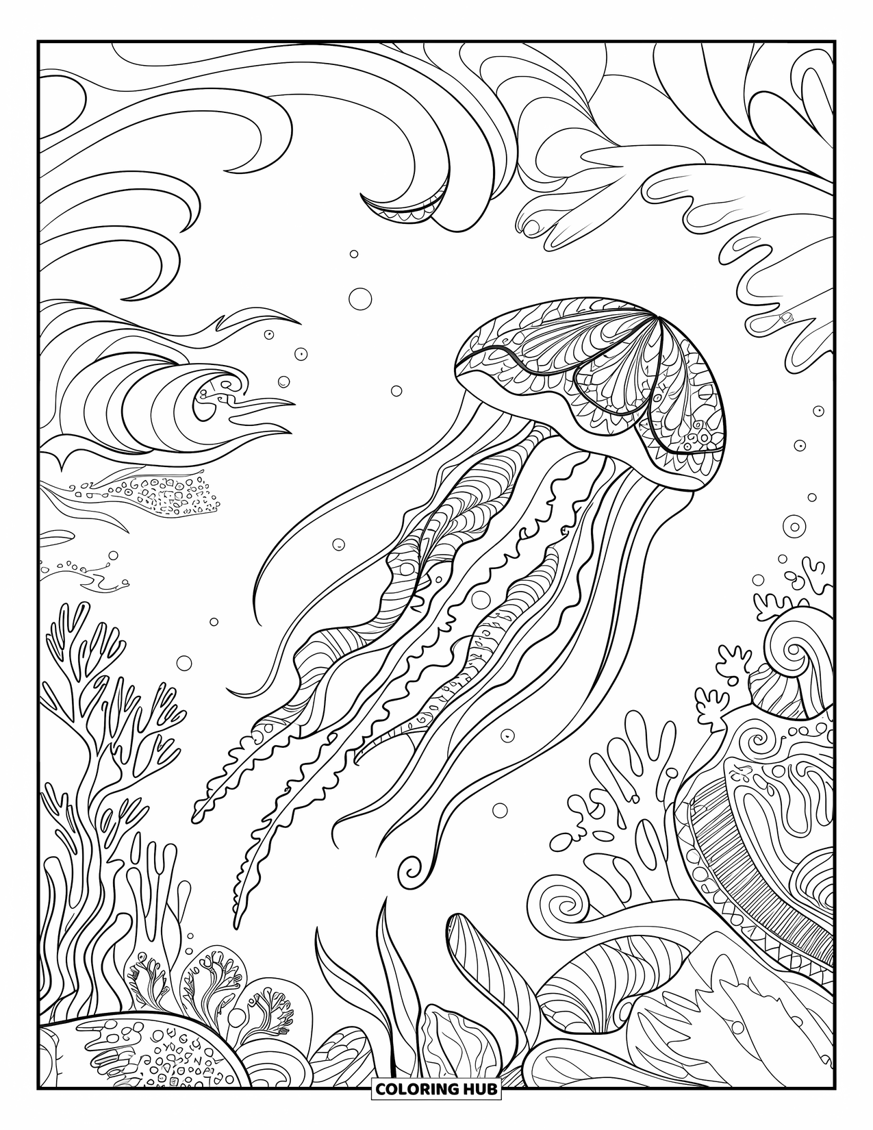 Kolorowanka dla dorosłych: Marzycielska meduza dryfuje przez ocean inspirowany fantazją z wirującymi falami