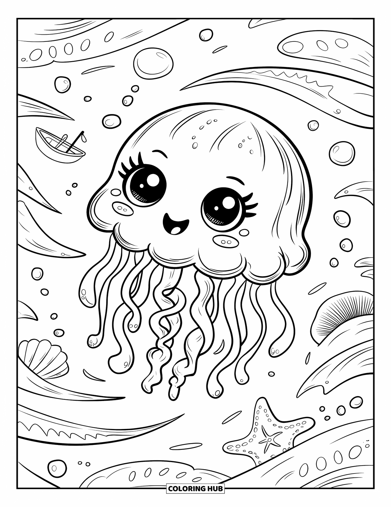 Kolorowanka dla dorosłych: Puszysta meduza z błyszczącymi oczami dryfuje przez senny ocean, wypełniony drobnymi cudami