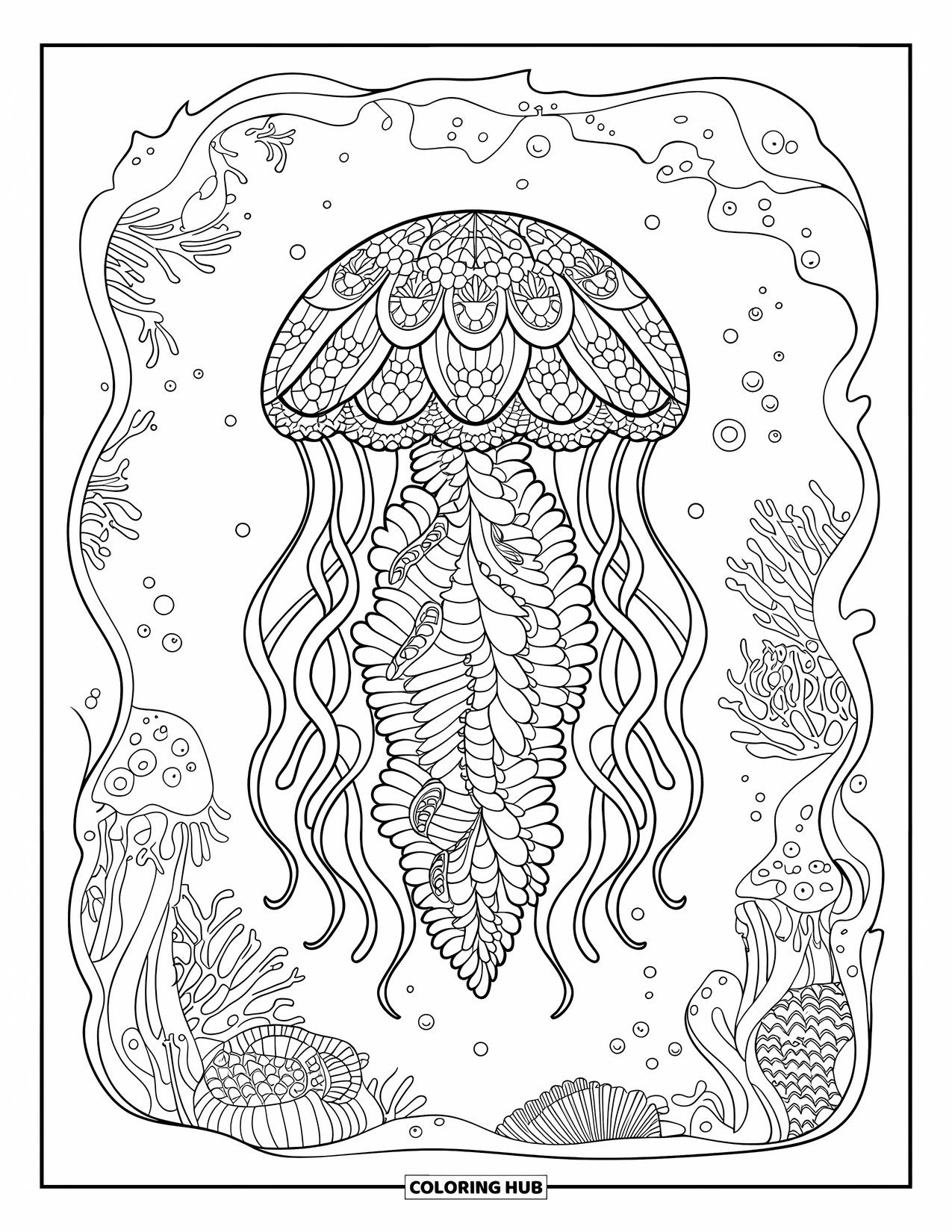 Kolorowanka dla dorosłych: Bardzo szczegółowa meduza z ozdobnymi wzorami unosi się w spokojnym oceanicznym świecie