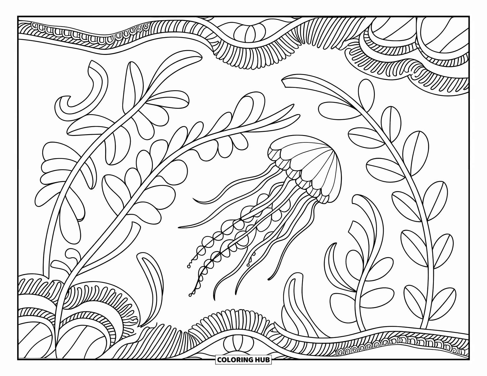 Kolorowanka dla dorosłych: Meduza dryfuje wśród wirujących wodorostów w skomplikowanym podwodnym krajobrazie