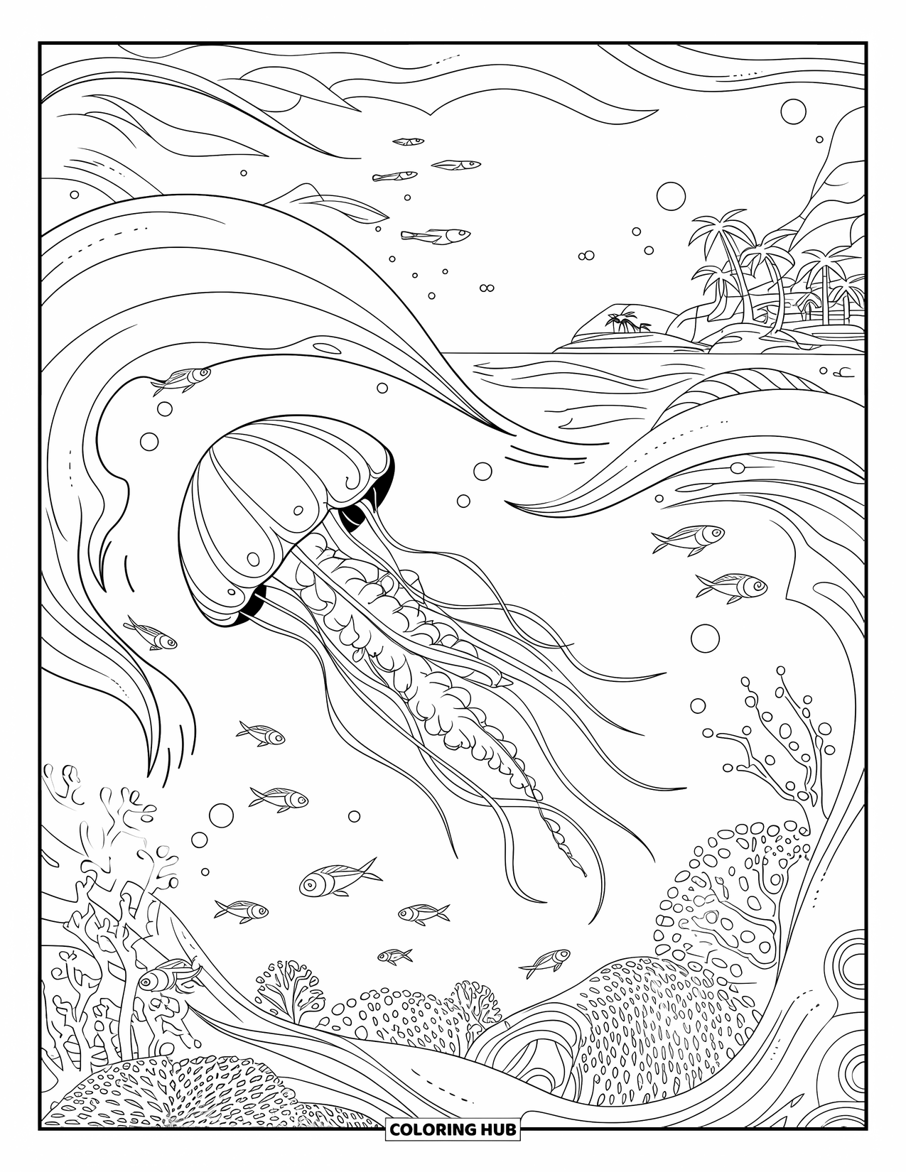 Kolorowanka dla dorosłych: Meduza porusza się przez morze inspirowane fantazją, z koralowcami i odległymi wyspami w zasięgu wzroku