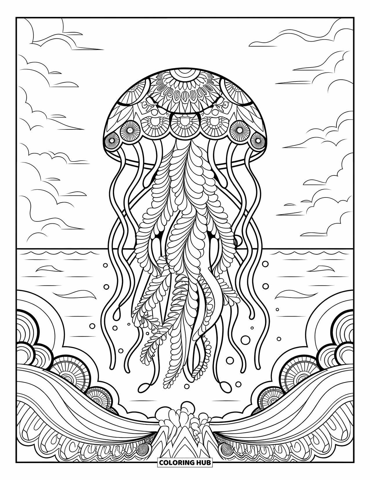 Kolorowanka dla dorosłych: Meduza ze szczegółowym, artystycznym ciałem dryfuje przez fale i miękkie niebo