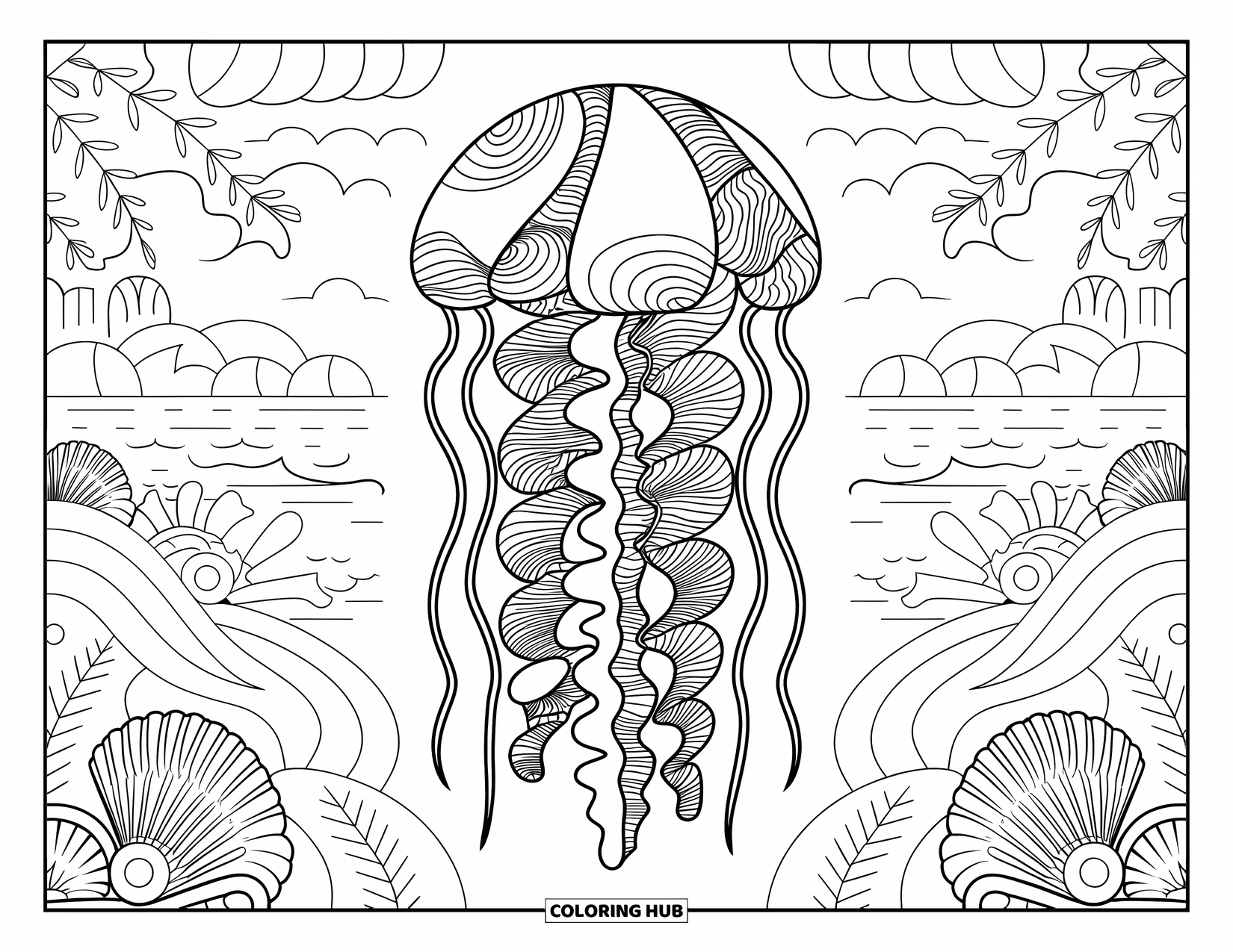Kolorowanka z meduzą dla dorosłych: Meduza z abstrakcyjnymi i organicznymi wzorami unosi się w morzu fal i muszelek