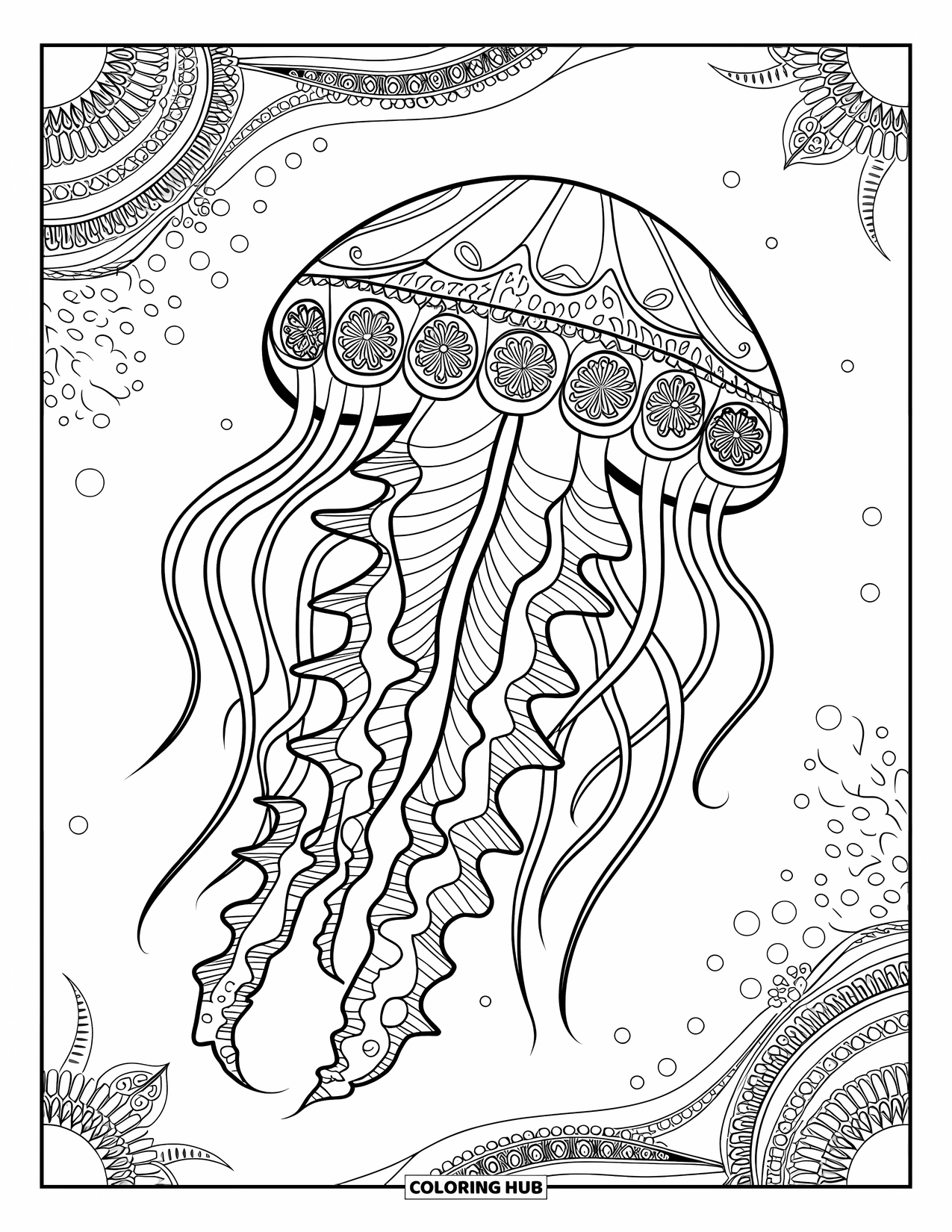 Kolorowanka z meduzą dla dorosłych: Meduza z dekoracyjnymi mackami dryfuje przez teksturowaną scenerię oceanu