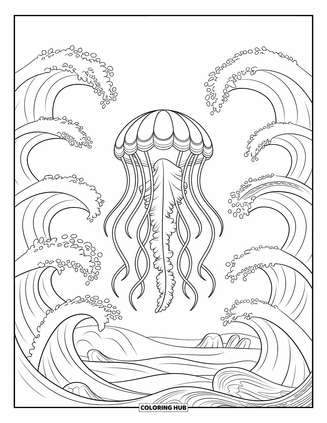 Kolorowanka dla dorosłych: Meduza z delikatnymi, płynącymi mackami porusza się przez spokojną, dekoracyjną scenę oceaniczną