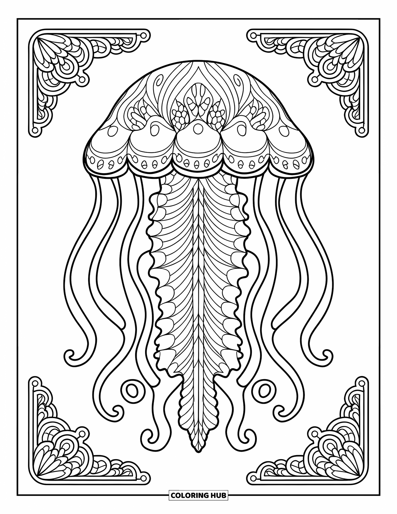 Kolorowanka dla dorosłych: Meduza ze skomplikowanymi wzorami mandali unosi się w morzu wirujących wzorów