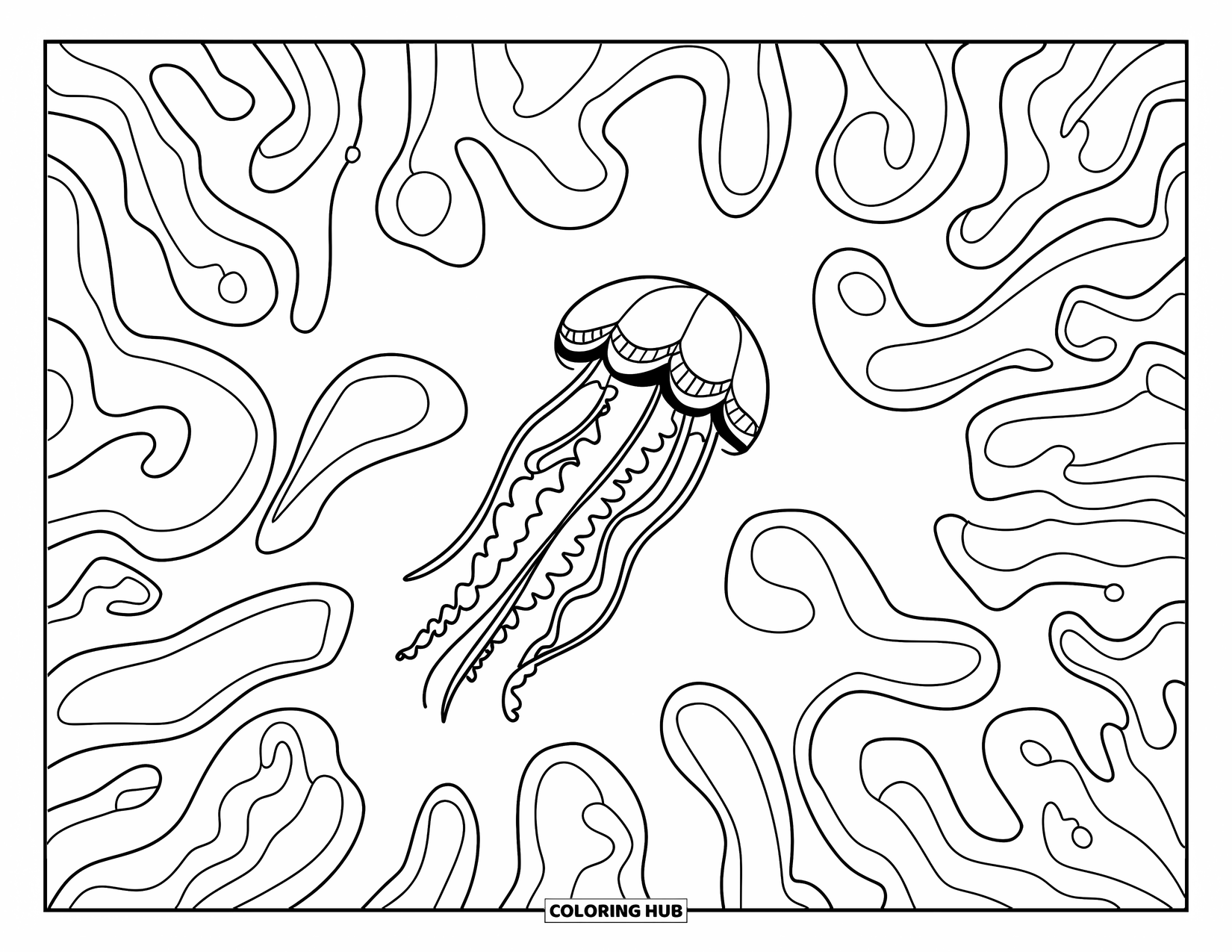 Kolorowanka z meduzą dla dorosłych: Meduza z długimi, płynącymi mackami płynie przez świat skomplikowanych wodorostów