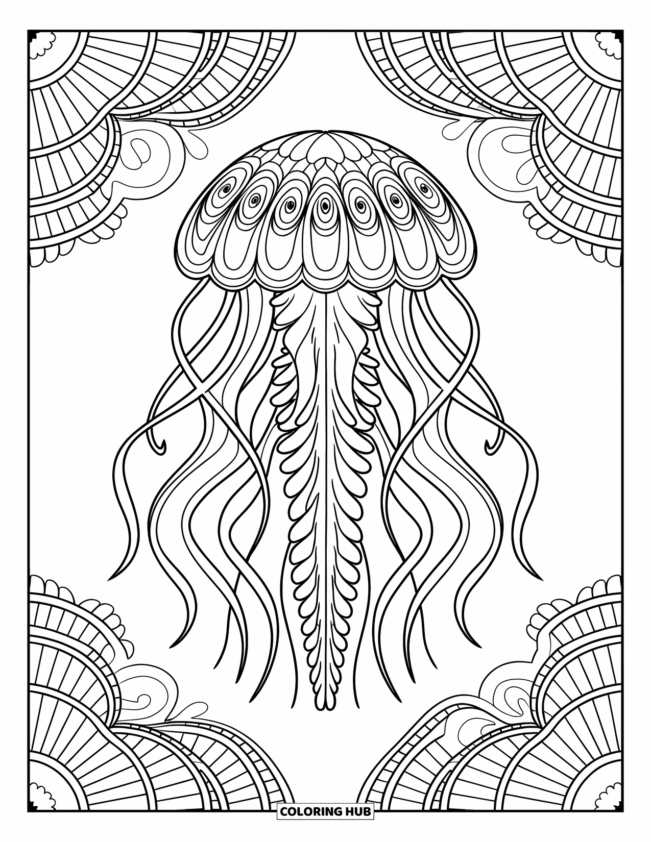 Kolorowanka dla dorosłych: Meduza z ozdobnymi krzywiznami i geometrycznymi kształtami dryfuje wśród łagodnych fal oceanicznych