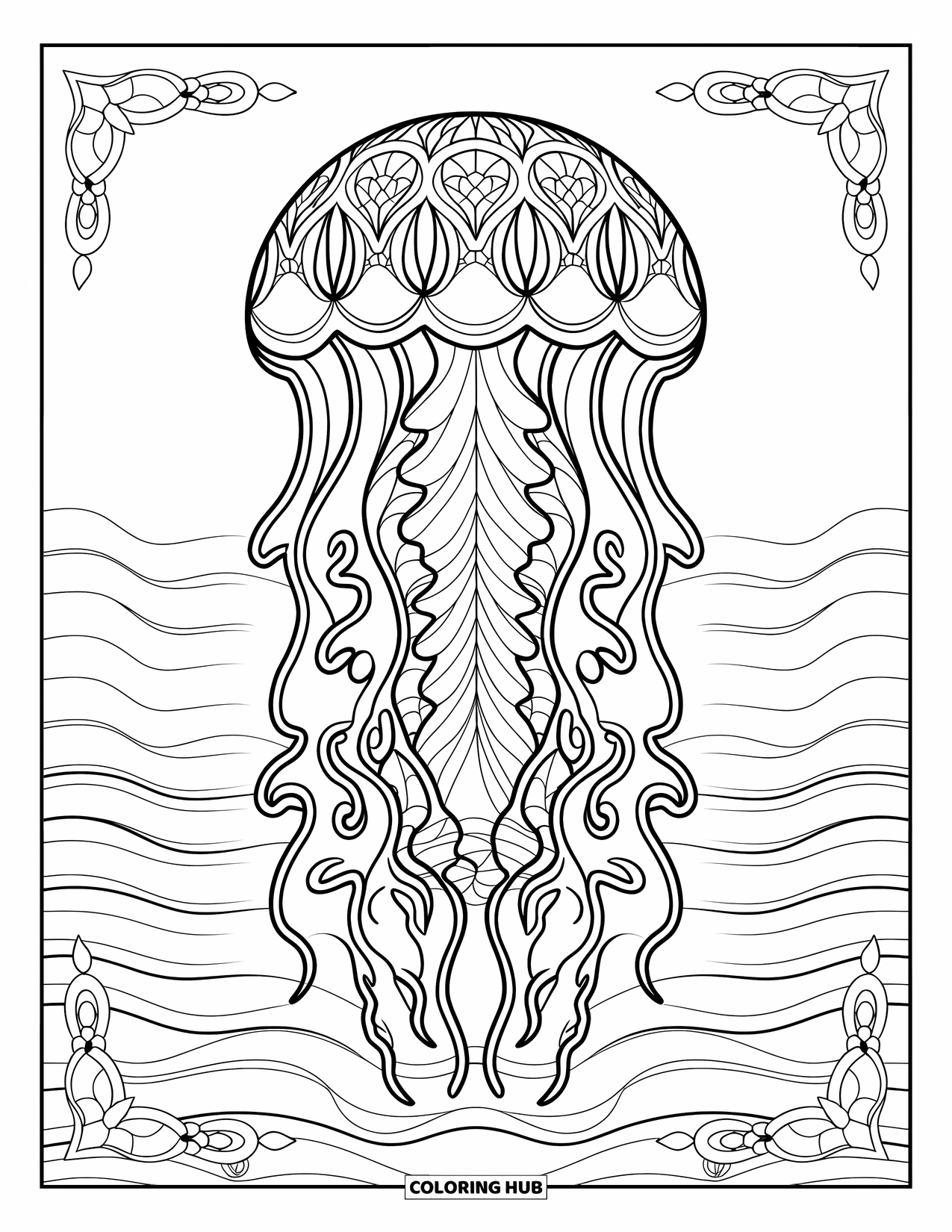 Kolorowanka dla dorosłych: Meduza z wzorami inspirowanymi geometrią sakralną unosi się w spokojnym oceanie