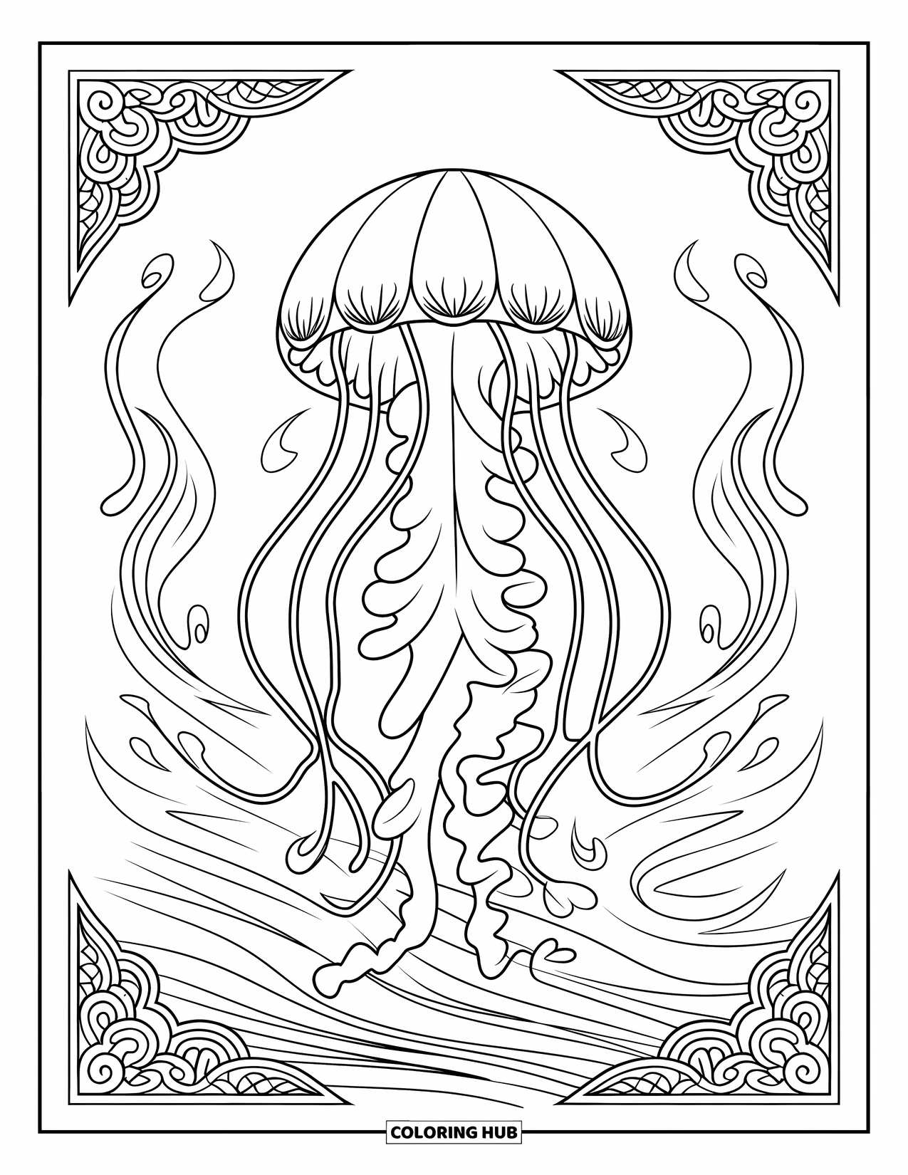 Kolorowanka z meduzą dla dorosłych: Meduza z wirującymi mackami dryfuje wśród skomplikowanych, zakręconych fal oceanu