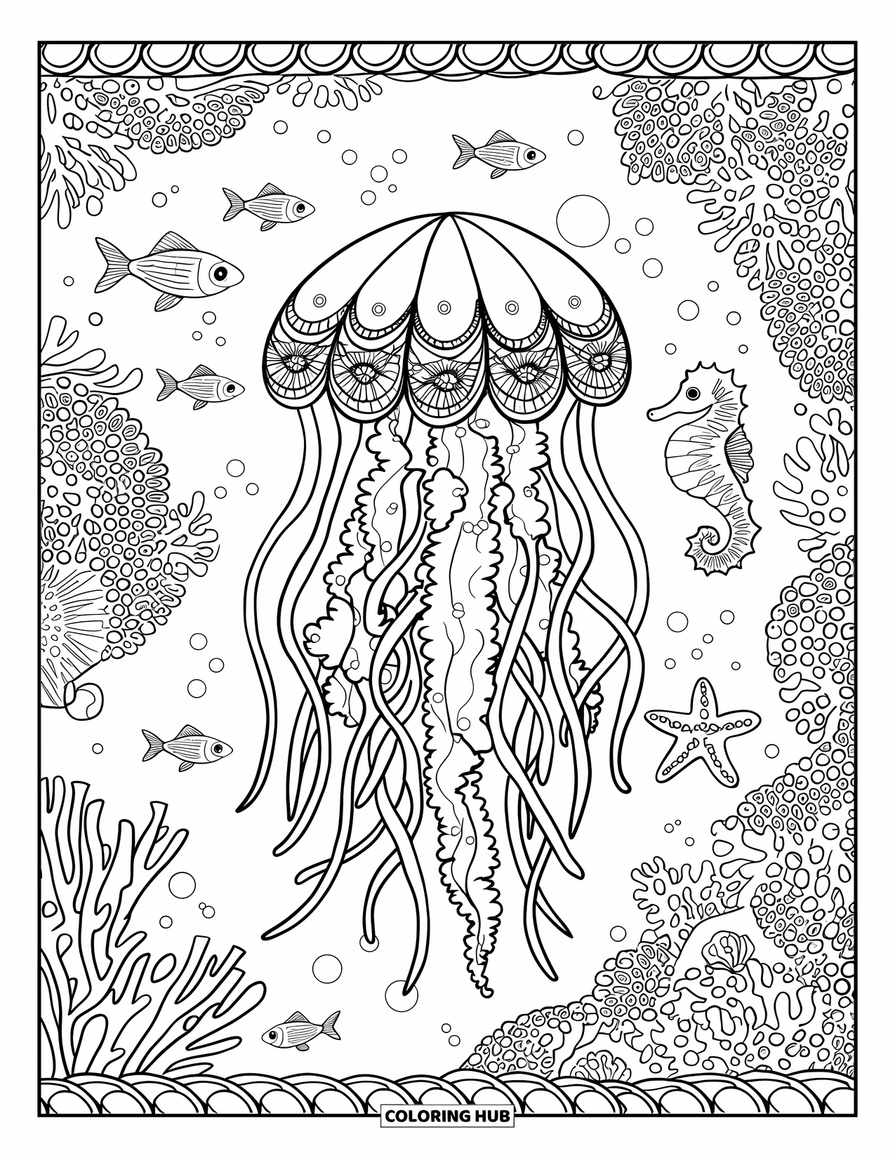 Kolorowanka dla dorosłych: Meduza z wirującymi mackami porusza się przez rafę koralową wypełnioną stworzeniami morskimi