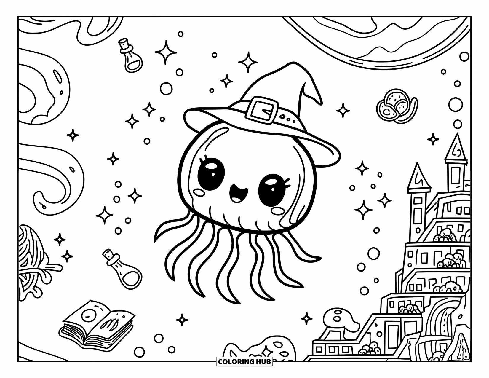 Kolorowanka dla dorosłych: Meduza-czarodziej z maleńką księgą zaklęć unosi się przez mistyczny ocean lśniących gwiazd