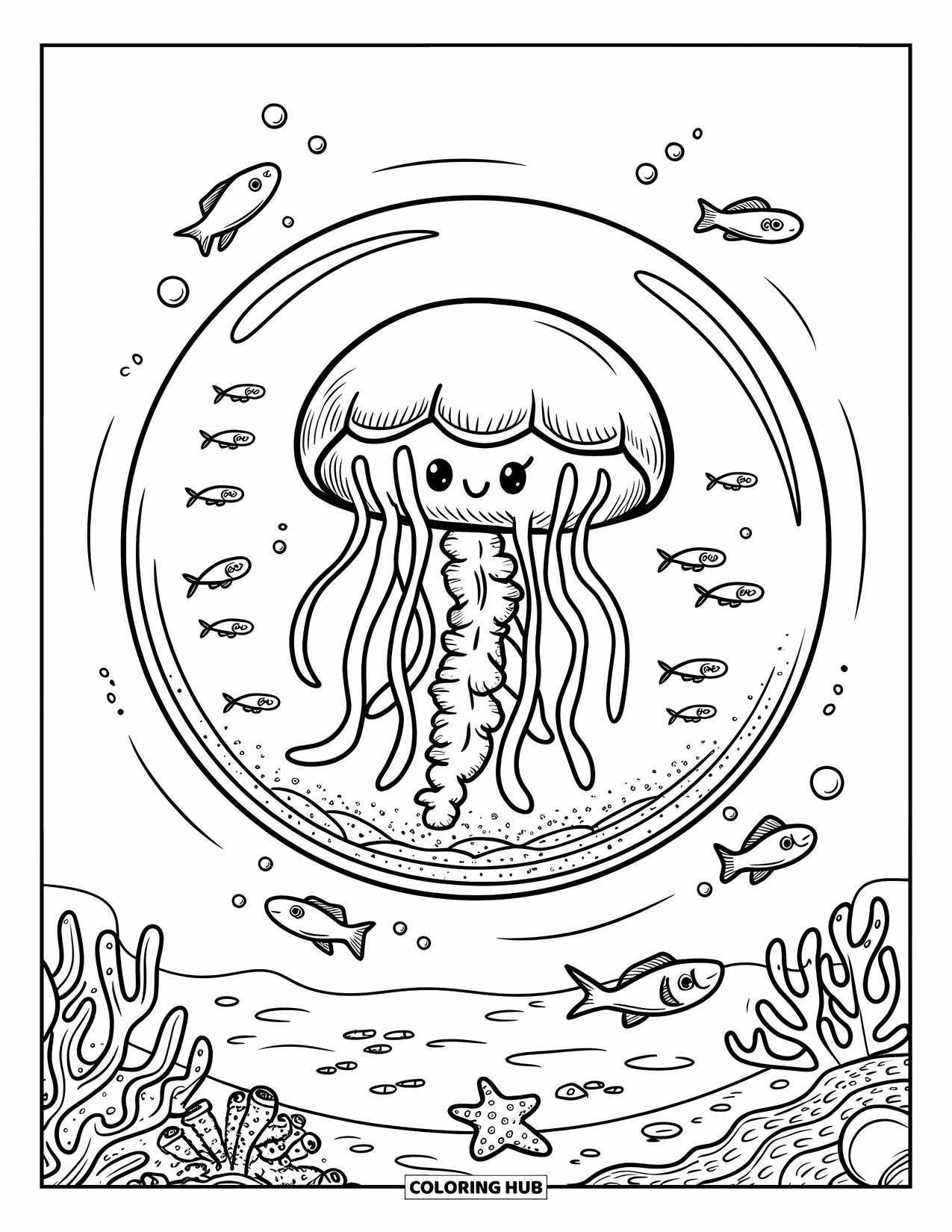Kolorowanka dla dorosłych: Okrągła meduza w bańce dryfuje w kierunku powierzchni, otoczona ciekawskimi rybami