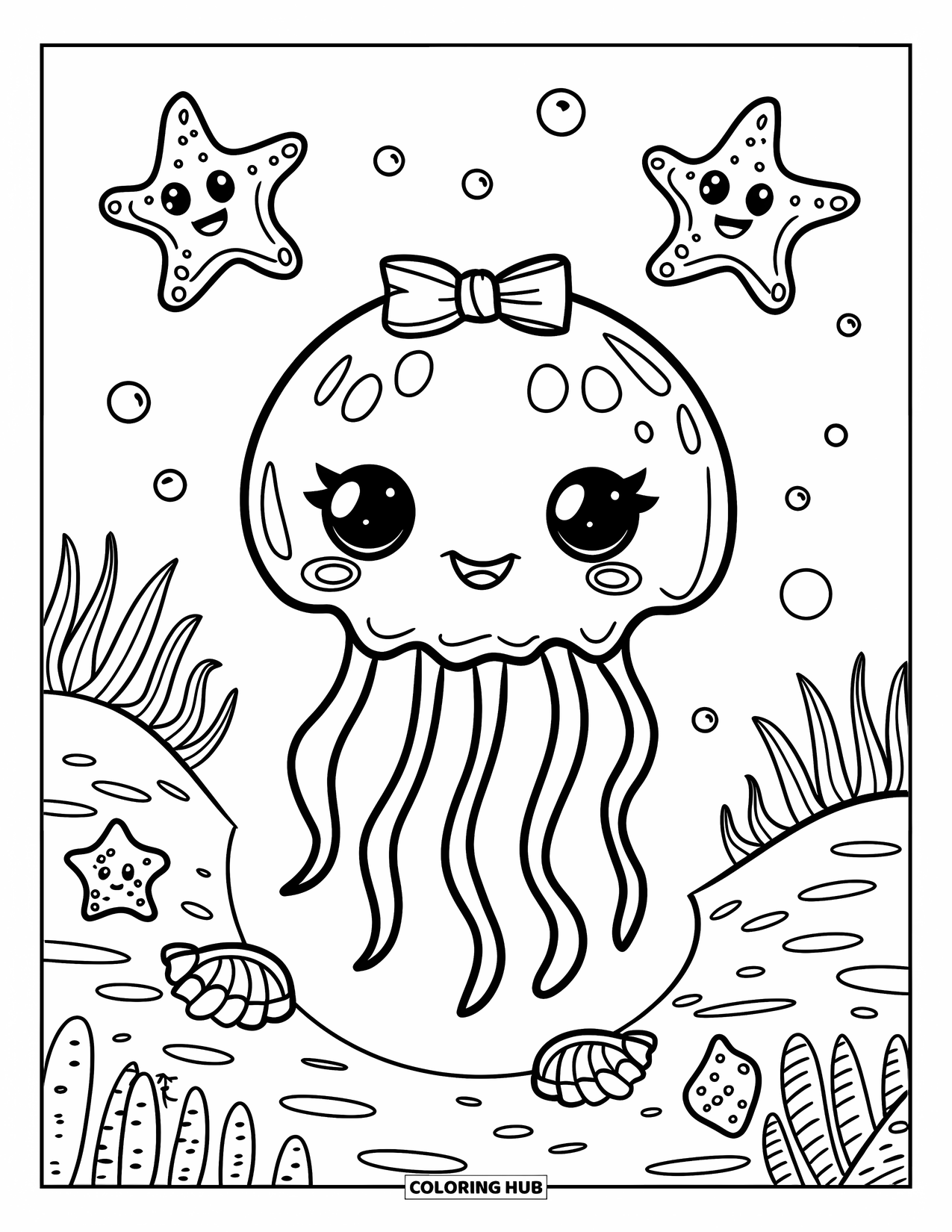 Kolorowanka dla dorosłych: Słodka mała meduza z kokardką cieszy się spokojną sceną oceaniczną z rozgwiazdami
