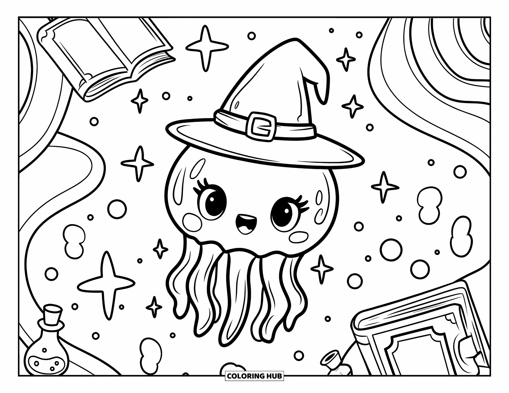 Kolorowanka dla dorosłych: Maleńka magiczna meduza, ubrana jak czarodziej, rzuca zaklęcia w zaczarowanym podwodnym świecie