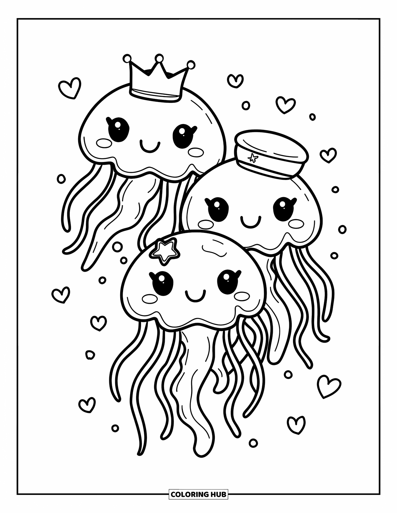 Kolorowanka dla dorosłych: Trio meduz-kumpli dryfuje przez morze, otoczone bąbelkami w kształcie serca