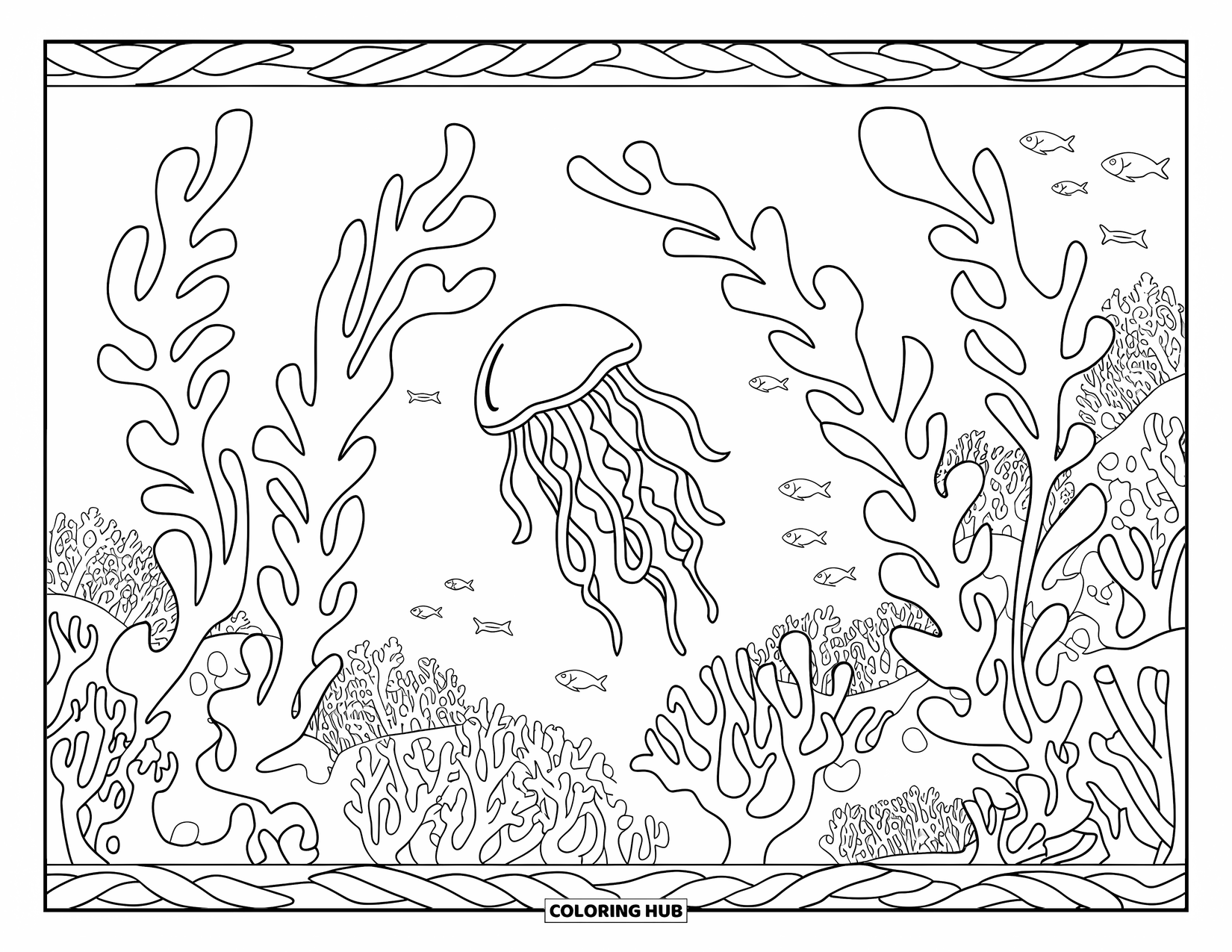 Kolorowanka z meduzą dla dorosłych: Elegancka meduza unosi się nad rafą koralową, otoczona rybami i szczegółowymi roślinami morskimi