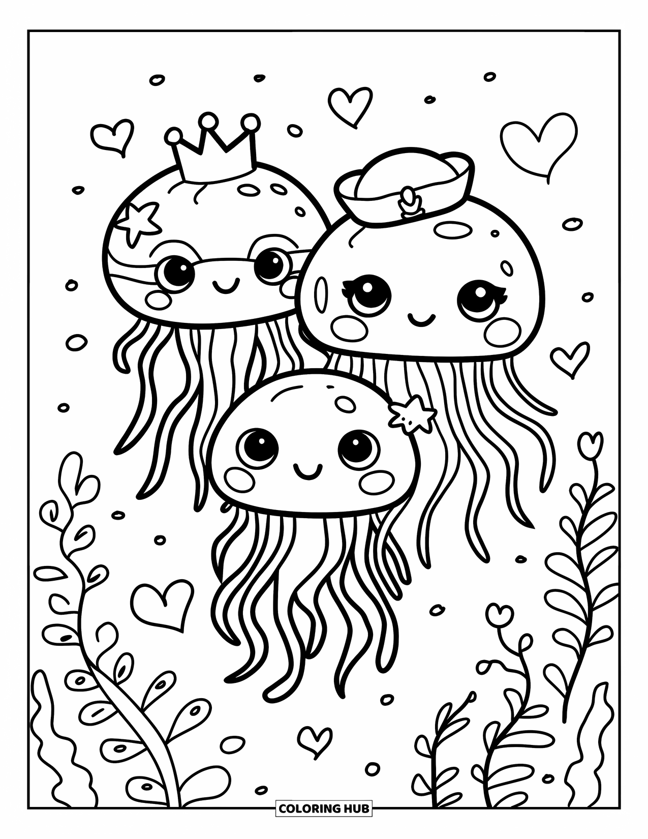 Kolorowanka dla dorosłych: Trzy meduzy-przyjaciółki unoszą się razem, każda ma na sobie uroczą koronę, spinkę w kształcie gwiazdy lub marynarską czapkę