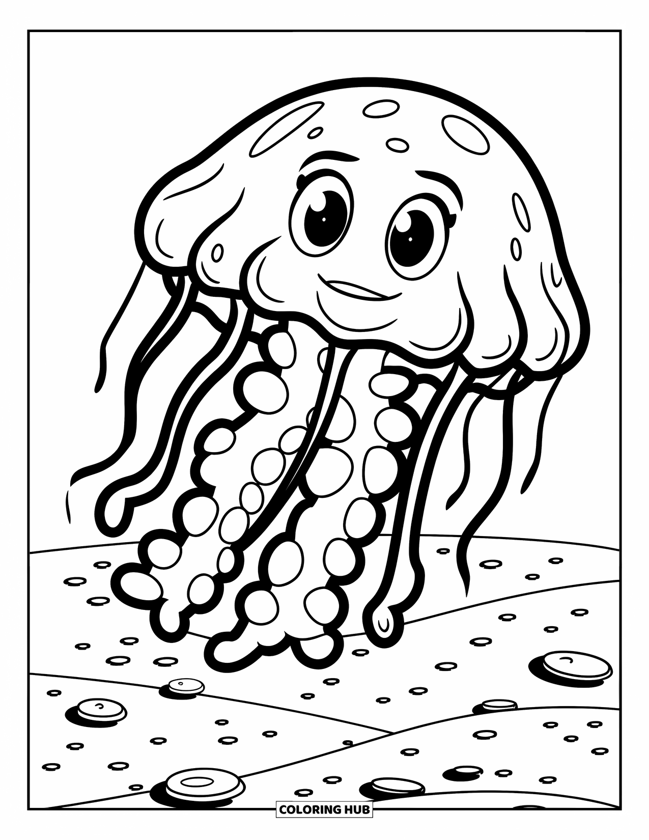 Kolorowanka dla dzieci: Kreskówkowa meduza z wesołą buzią dryfuje nad piaszczystym dnem oceanu