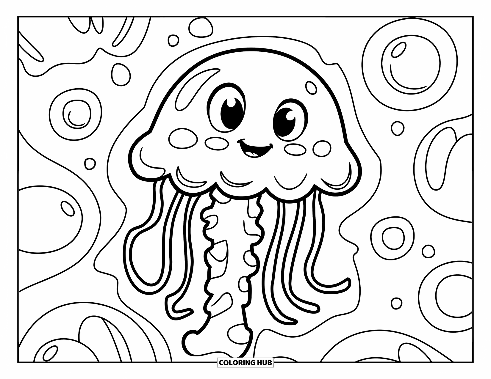 Kolorowanka dla dzieci: Wesoła meduza z okrągłym ciałem i bąbelkami dryfuje w wodzie