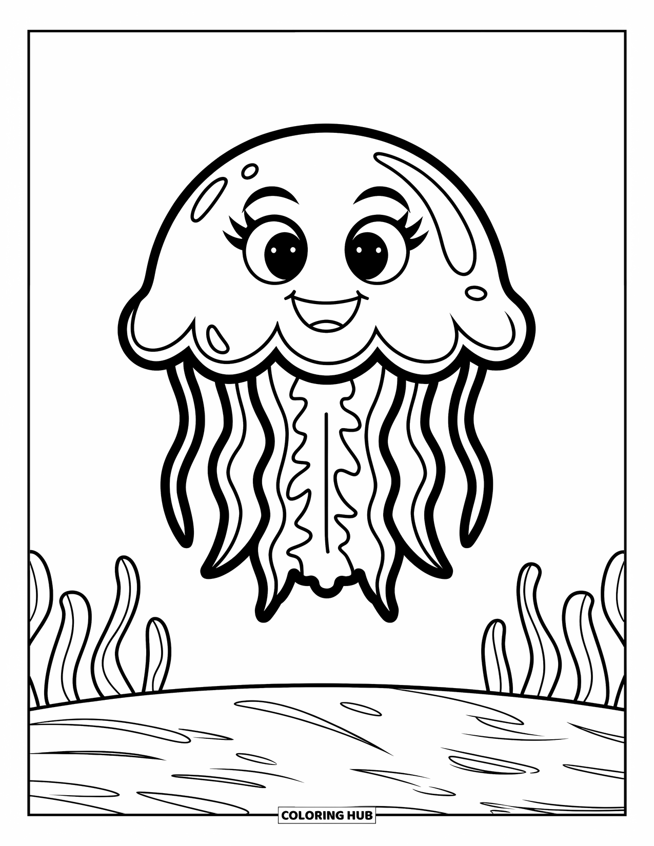 Kolorowanka dla dzieci: Wesoła meduza z okrągłą buzią i grubymi liniami unosi się nad dnem oceanu