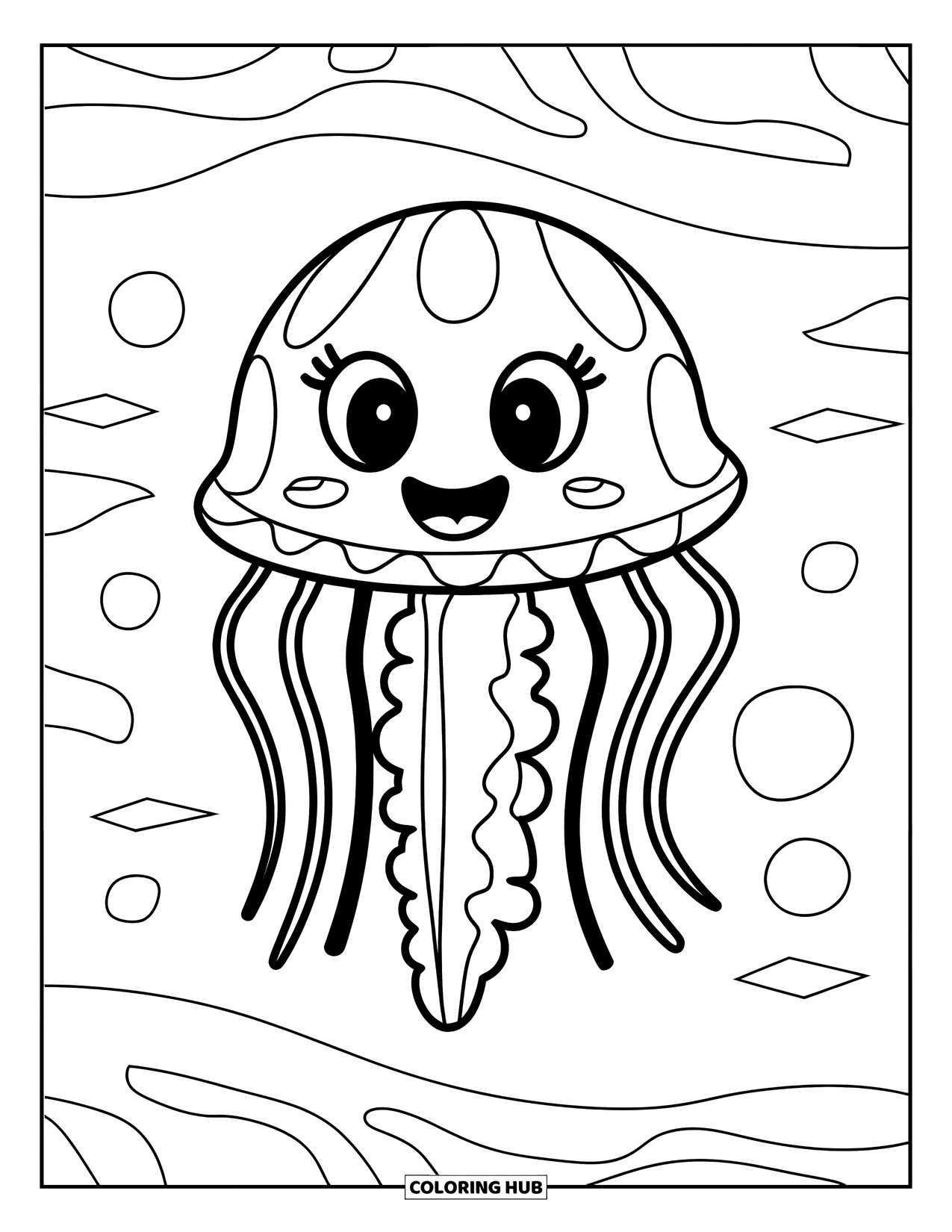 Kolorowanka dla dzieci: Wesoła meduza z szerokim uśmiechem i grubymi konturami kołysze się na falach