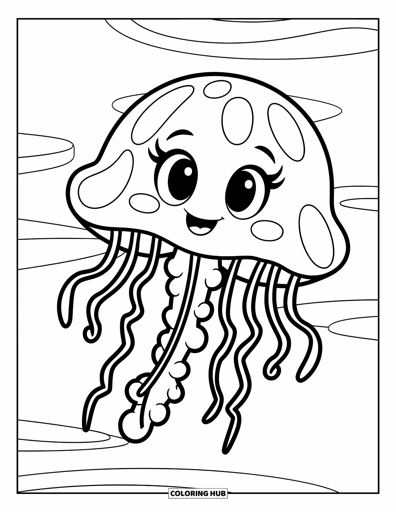 Kolorowanka dla dzieci: Słodka meduza z wesołą buzią unosi się na łagodnych falach