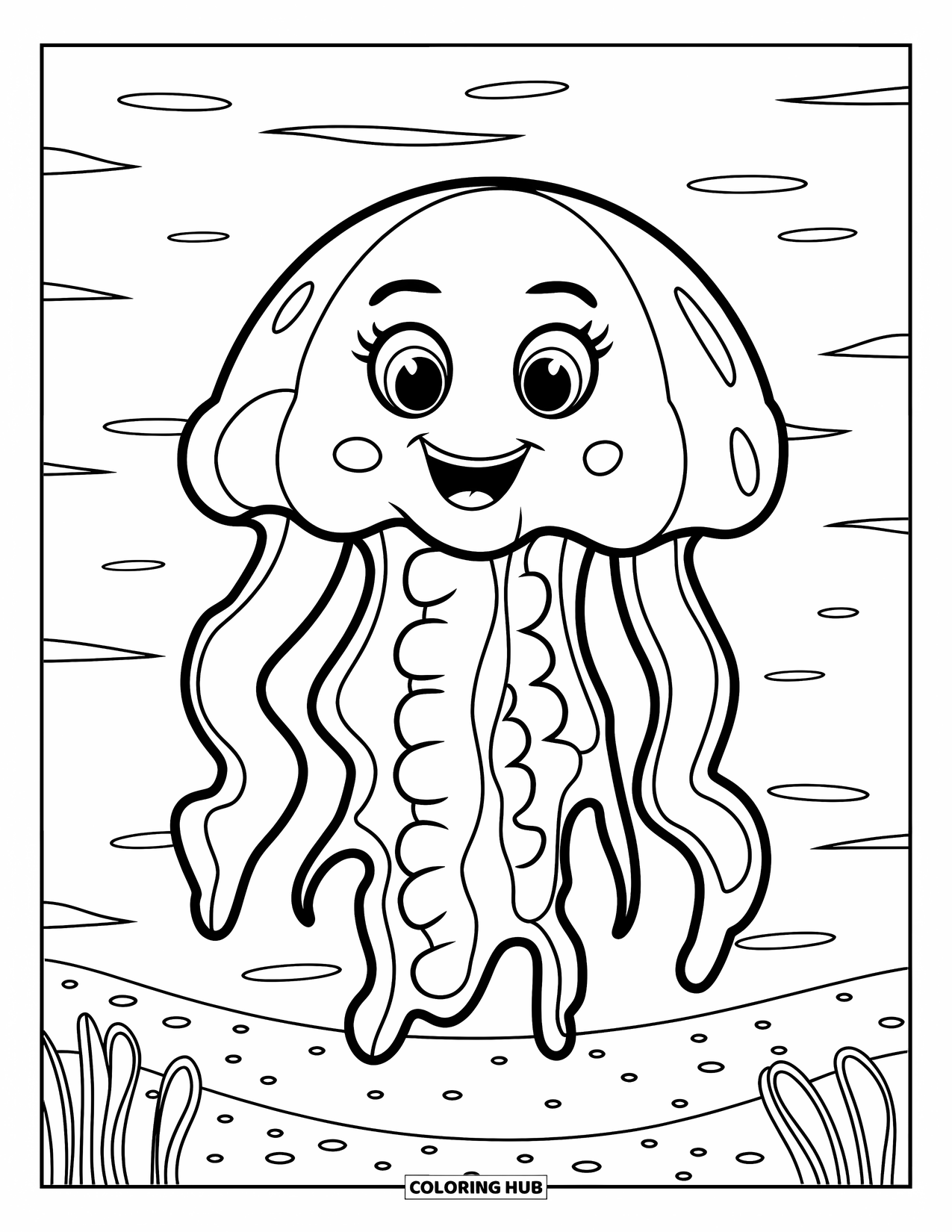 Kolorowanka dla dzieci: Słodka meduza z grubymi konturami pływa nad spokojnym morzem z delikatnymi falami