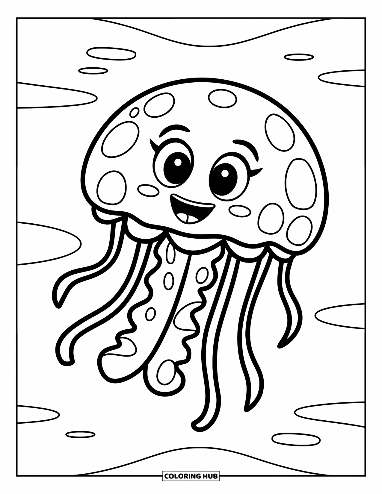 Kolorowanka dla dzieci: Przyjazna meduza z dużymi oczami i figlarnymi mackami dryfuje w wodzie