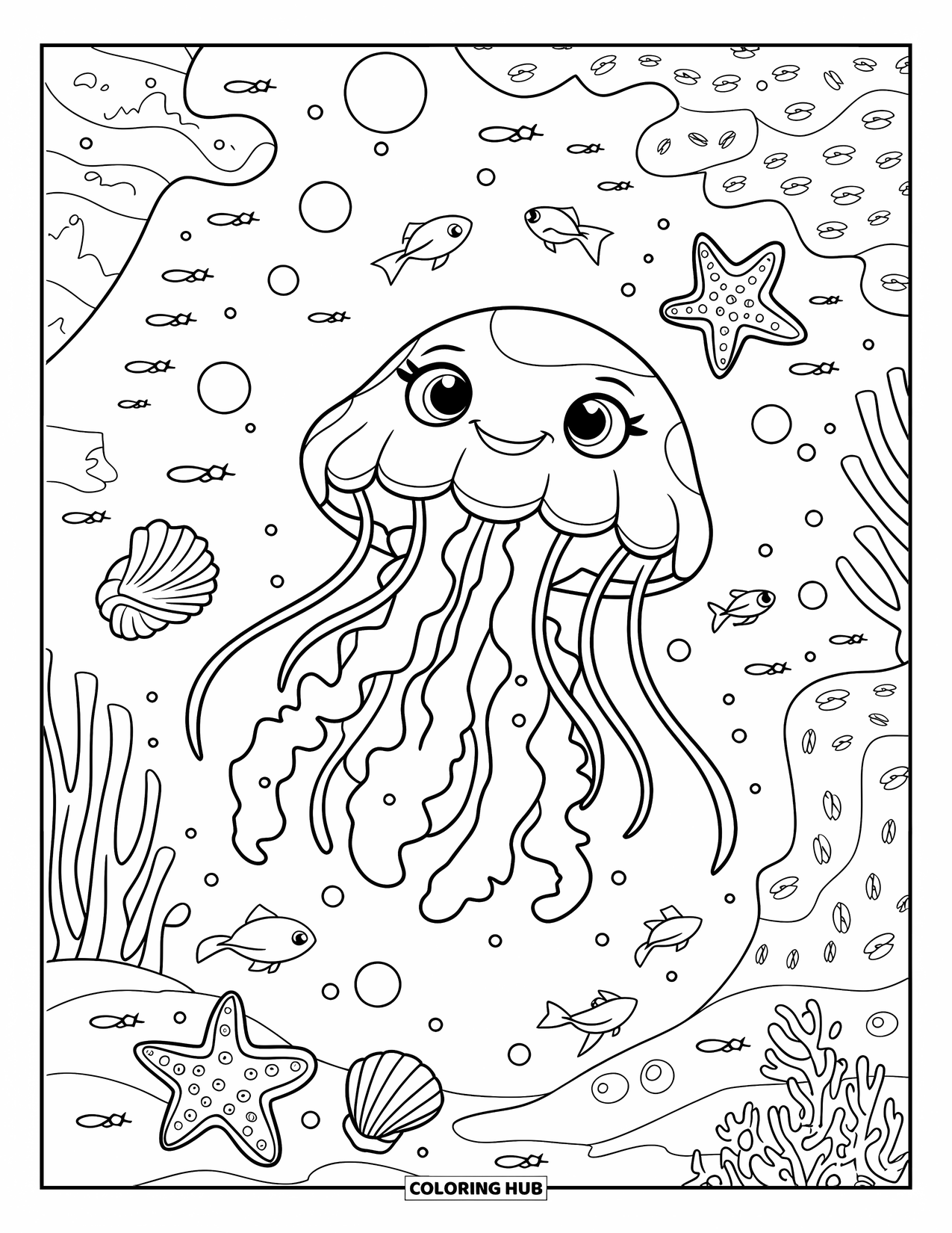 Kolorowanka dla dzieci: Radosna meduza dryfuje w wodzie, otoczona rozgwiazdami, muszelkami i bąbelkami