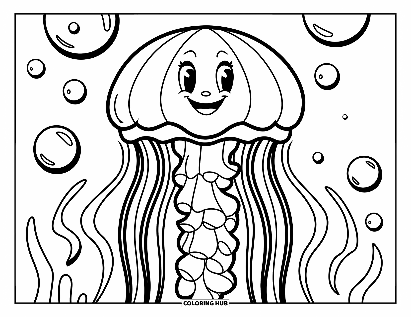 Kolorowanka dla dzieci: Radosna meduza z grubymi konturami i pływającymi bąbelkami w zabawnej scenerii