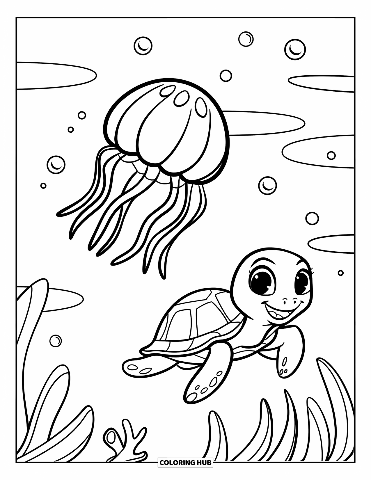 Kolorowanka dla dzieci: Meduza i żółw dryfują razem w spokojnych wodach, otoczeni delikatnymi falami