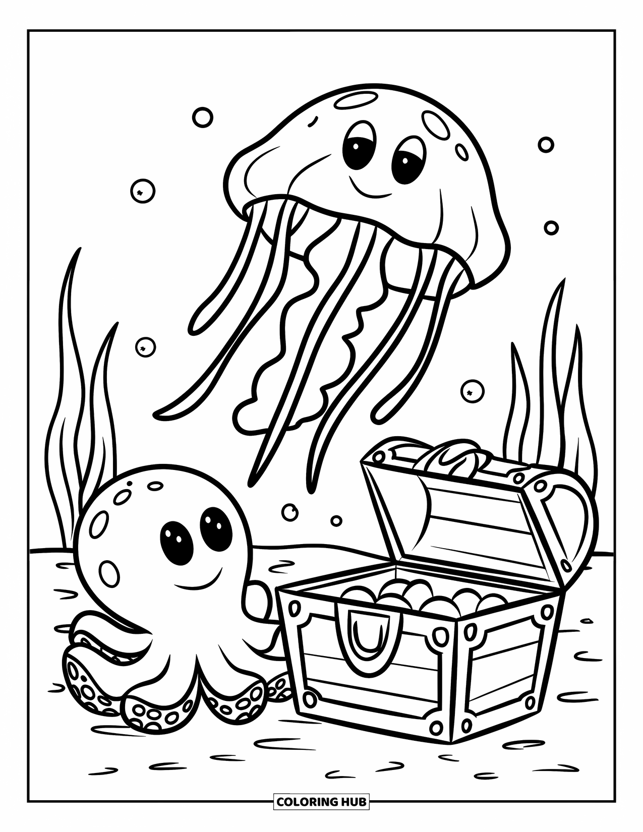 Kolorowanka dla dzieci: Meduza i ośmiornica siedzą w pobliżu zatopionej skrzyni skarbów z kołyszącymi się wodorostami