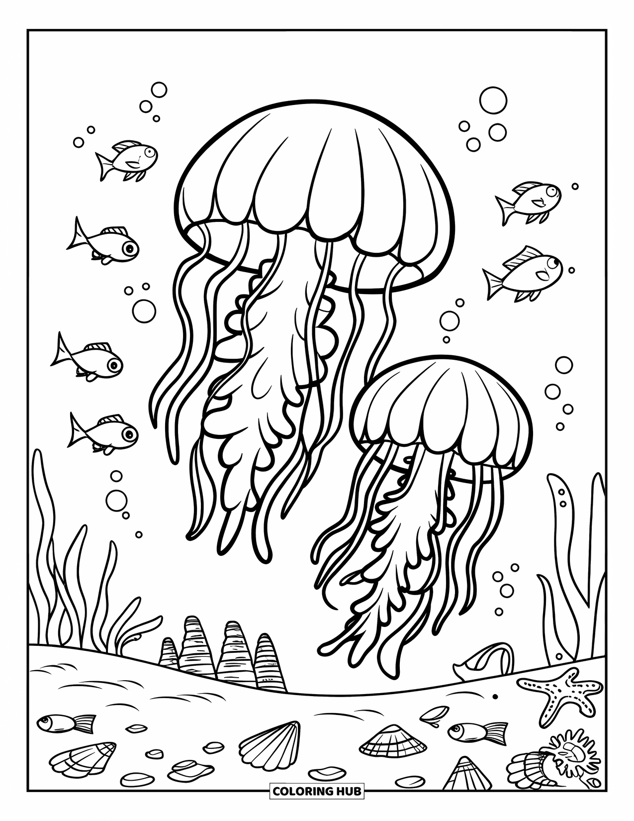 Kolorowanka dla dzieci: Meduza i jej dziecko delikatnie unoszą się nad dnem morskim usianym muszelkami