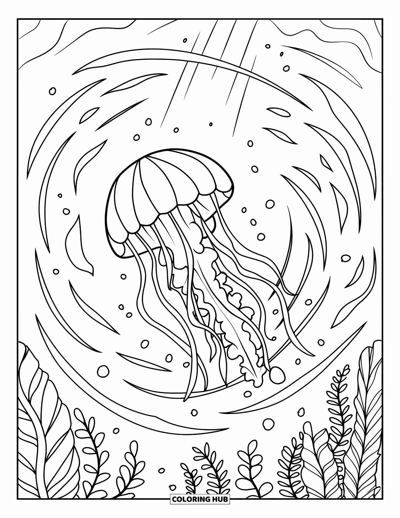 Kolorowanka dla dzieci: Meduza dryfuje w silnym prądzie, otoczona tańczącymi wodorostami i promieniami światła