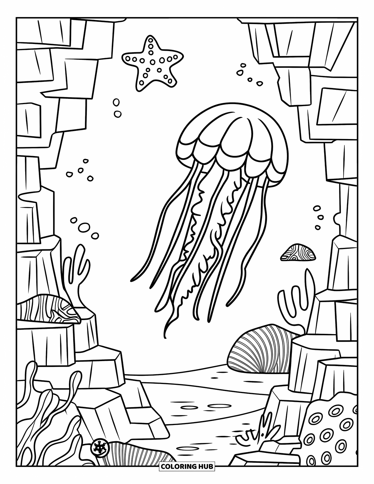 Kolorowanka dla dzieci: Meduza dryfuje w podwodnym kanionie, otoczona koralowcami, rozgwiazdami i stworzeniami morskimi