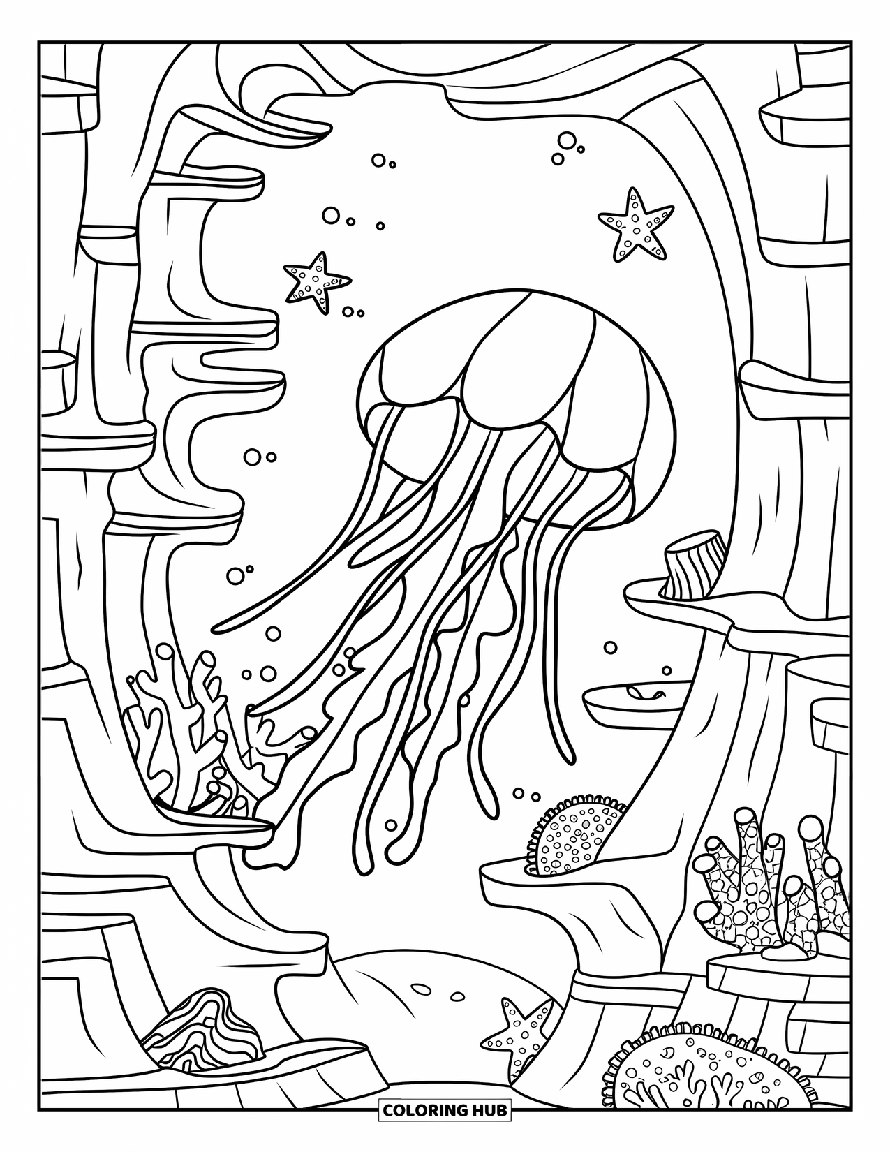 Kolorowanka dla dzieci: Meduza unosi się wśród koralowców i rozgwiazd w głębokim podwodnym kanionie