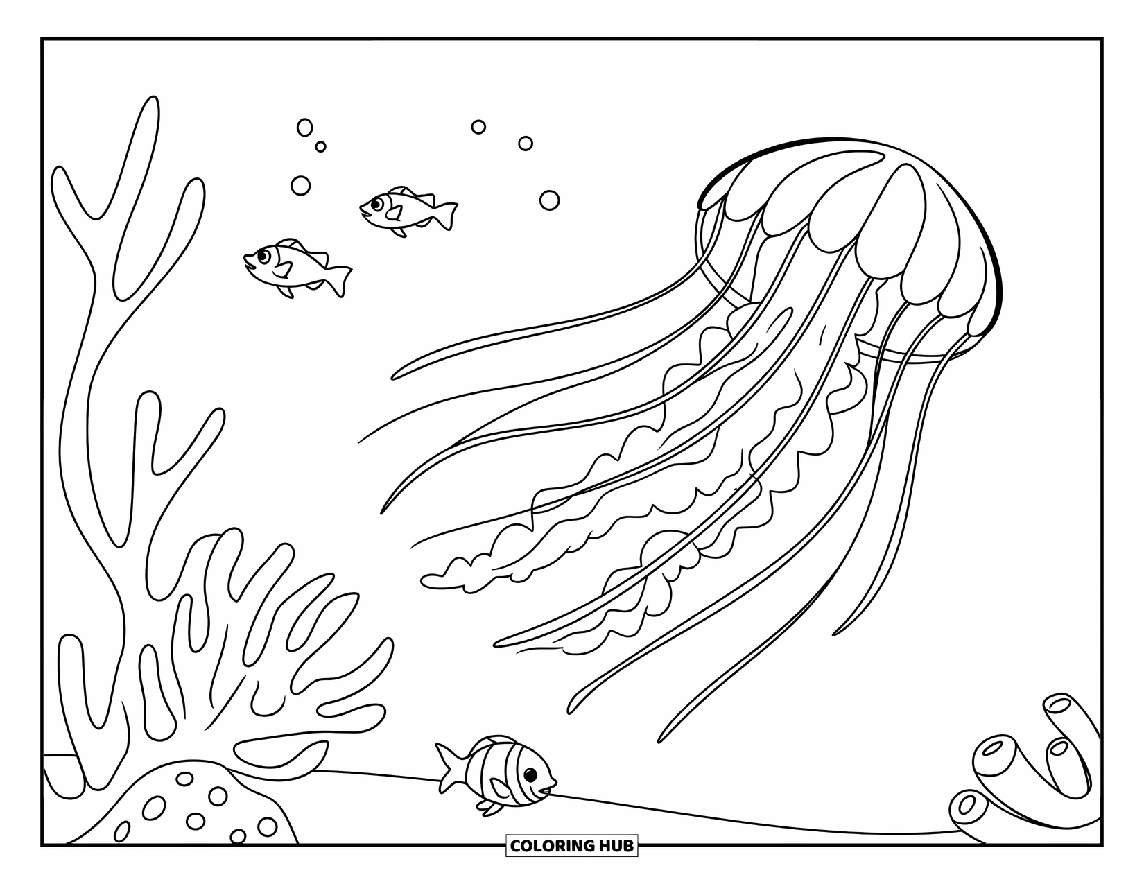 Kolorowanka dla dzieci: Meduza unosi się obok rafy koralowej, z delikatnymi rybami pływającymi w tle