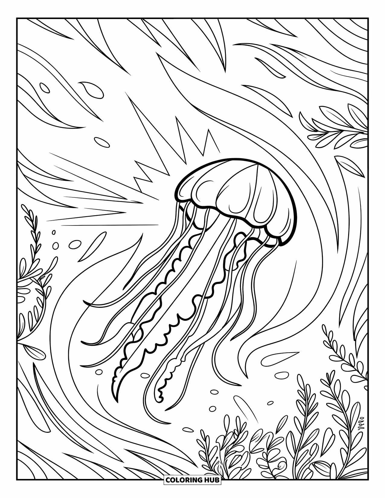 Kolorowanka dla dzieci: Meduza unosi się w zmieniających się prądach, a promienie światła i wodorosty otaczają scenę