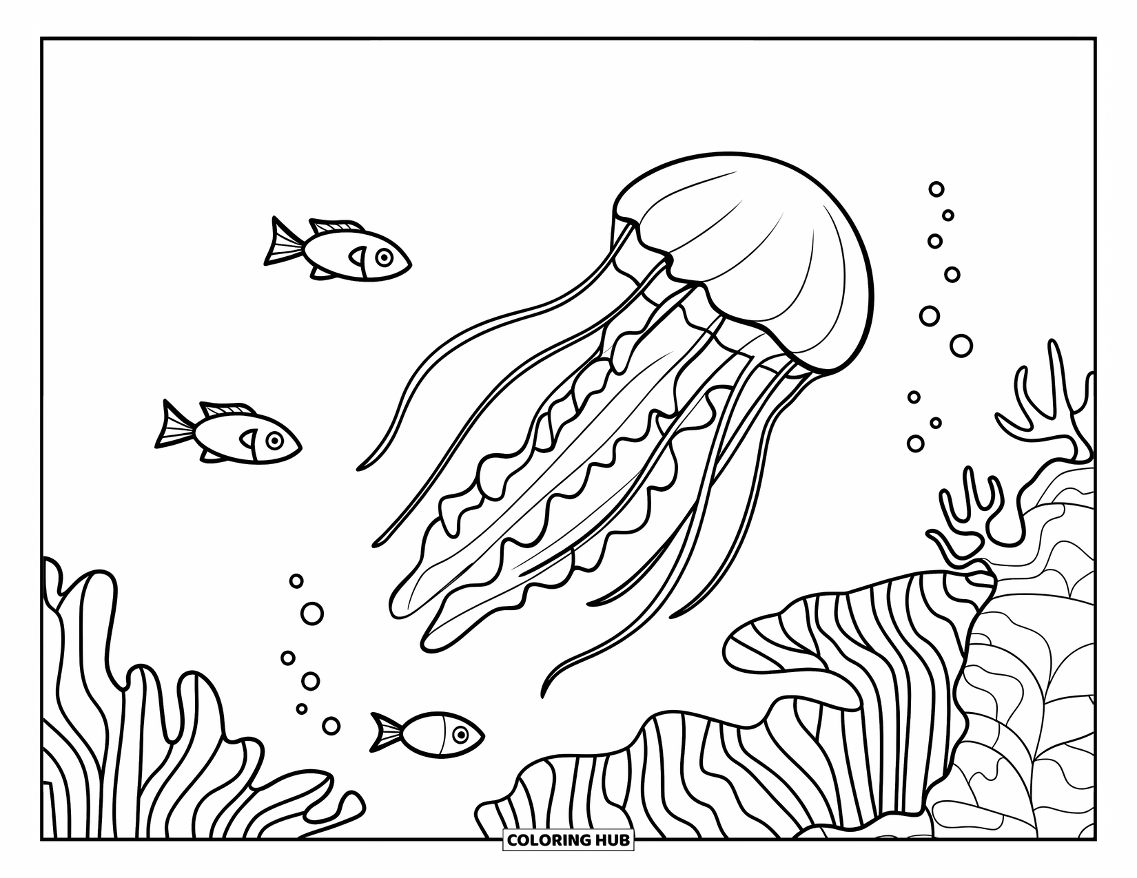 Kolorowanka dla dzieci: Meduza płynie wdzięcznie w pobliżu rafy koralowej, otoczona kilkoma pływającymi rybami