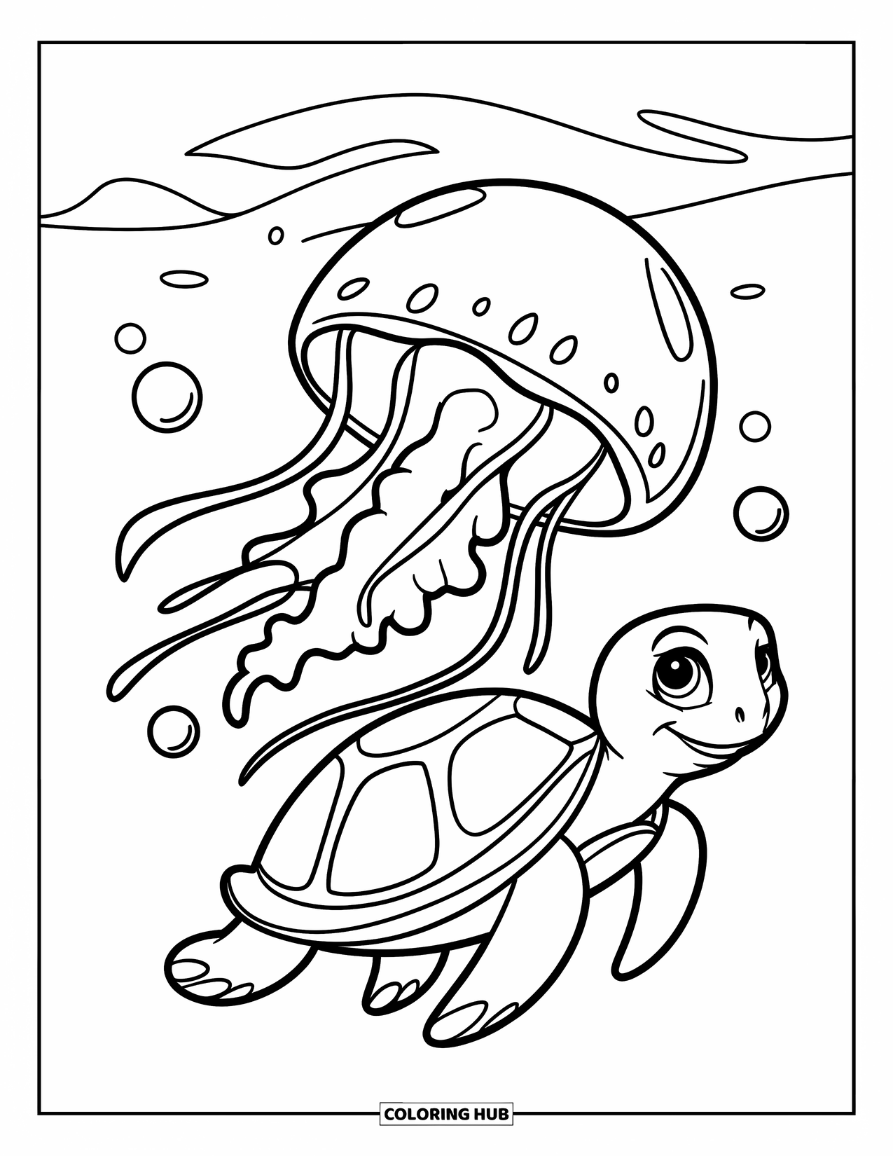 Kolorowanka dla dzieci: Meduza spokojnie unosi się obok żółwia, z falami i bąbelkami w tle