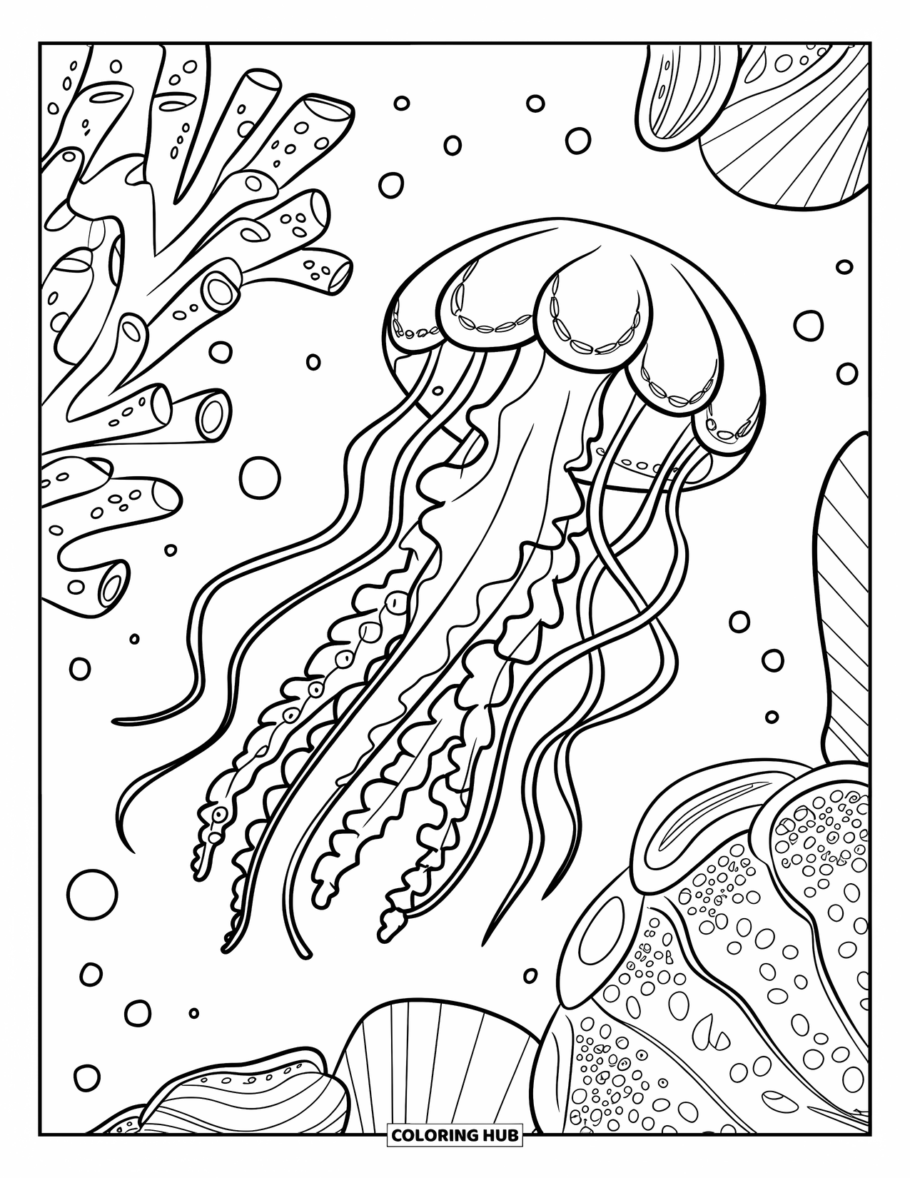 Kolorowanka dla dzieci: Meduza z artystycznymi, wirującymi mackami płynie przez morze pełne szczegółowych koralowców i muszelek