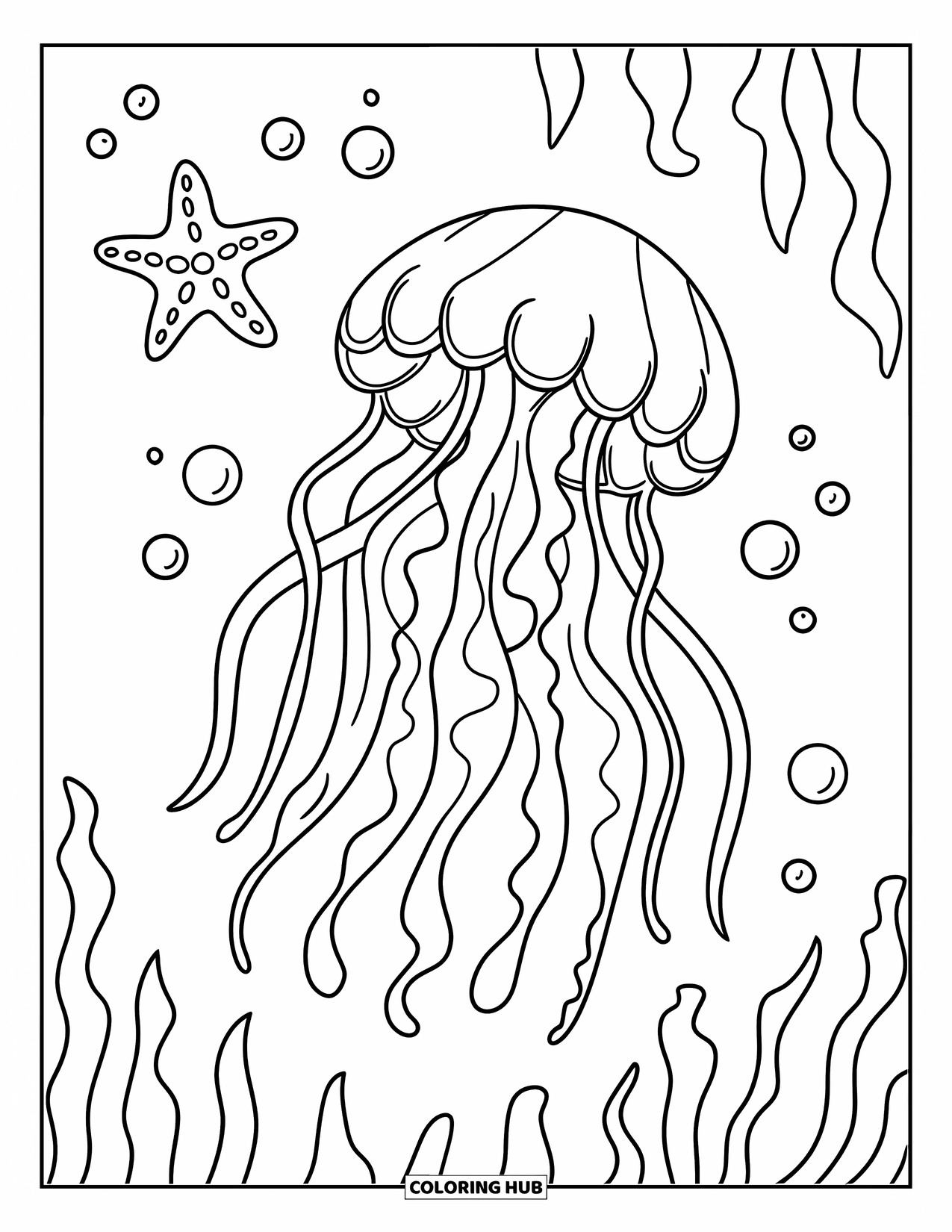 Kolorowanka dla dzieci: Meduza z płynącymi mackami unosi się w pobliżu rozgwiazdy i rozproszonych bąbelków