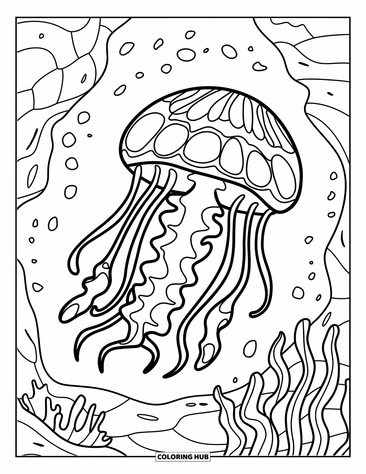 Kolorowanka dla dzieci: Meduza ze skomplikowanymi wzorami pływa w oceanicznej scenerii skał i wodorostów
