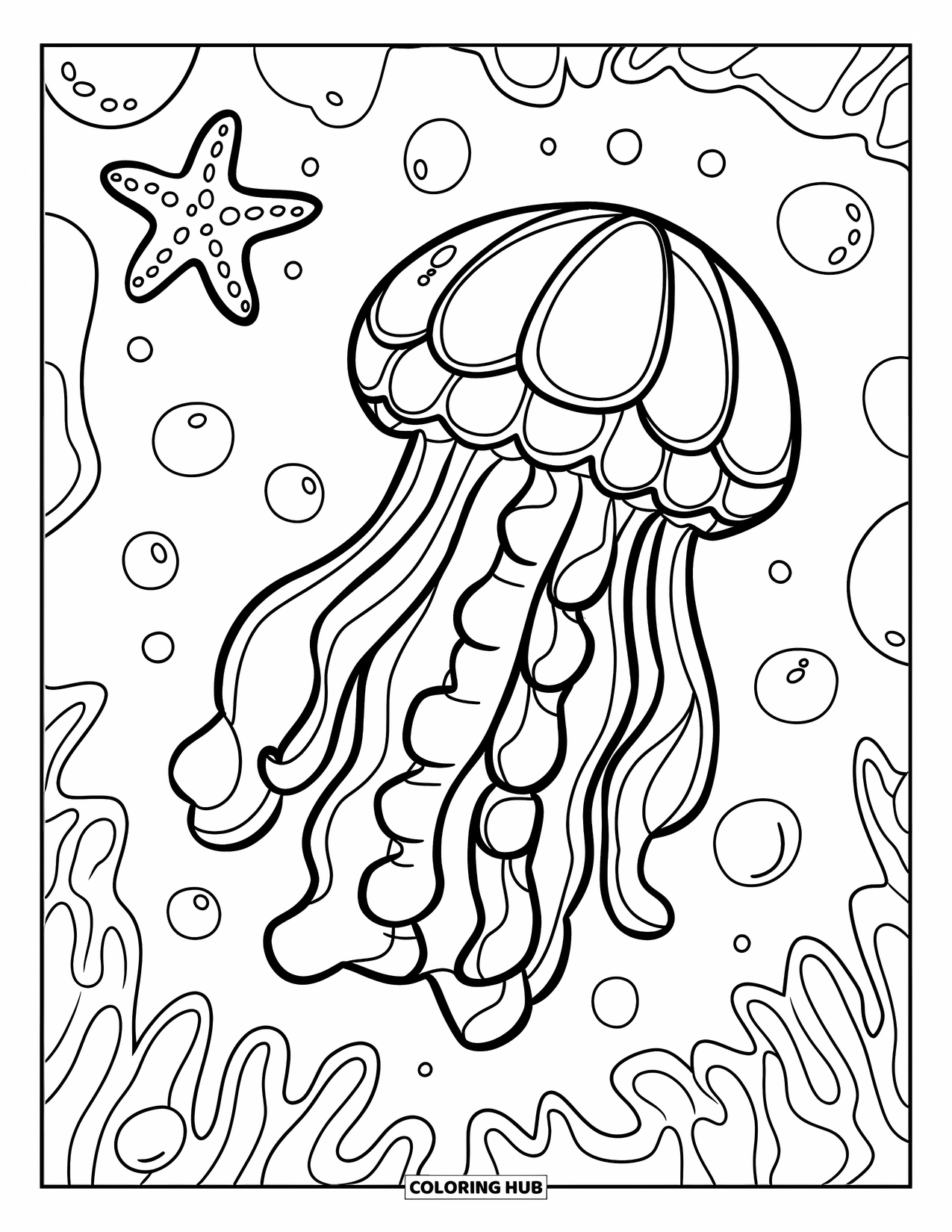 Kolorowanka dla dzieci: Duża meduza z długimi, falującymi mackami otoczona rozgwiazdą i bąbelkami